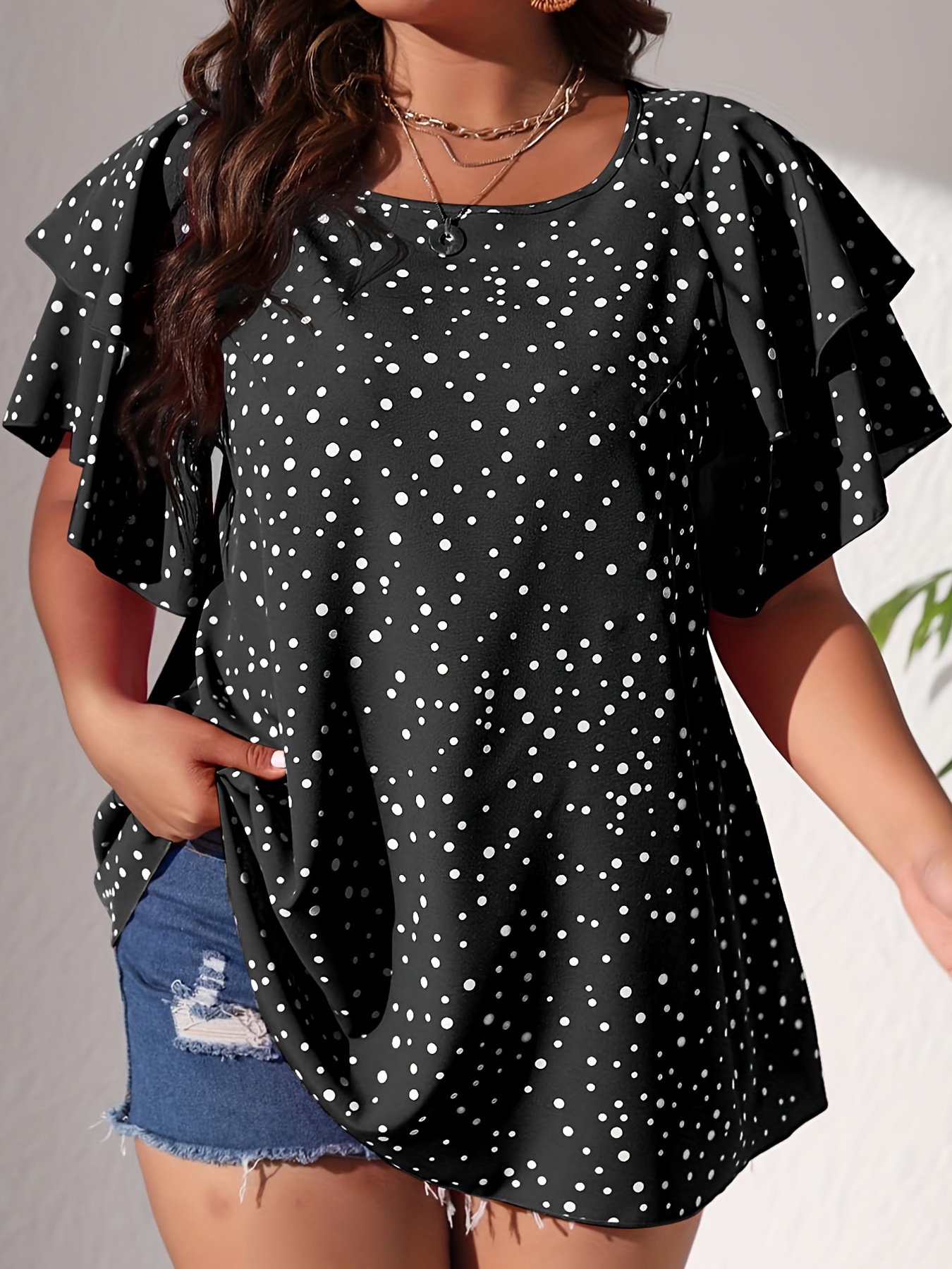 plus size casual blouse womens plus polka dot print layered sleeve round neck oversized blouse details 45