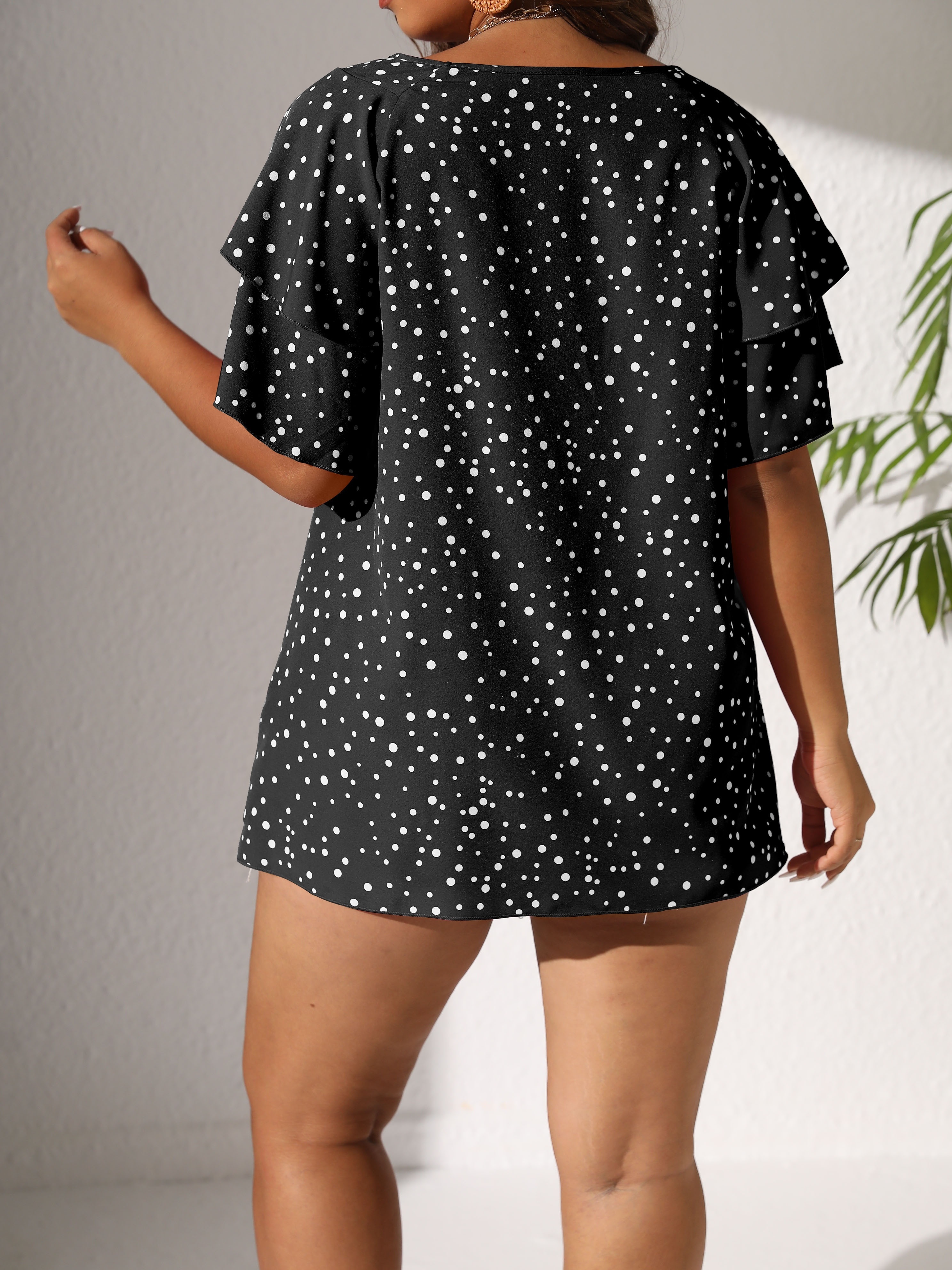 plus size casual blouse womens plus polka dot print layered sleeve round neck oversized blouse details 46