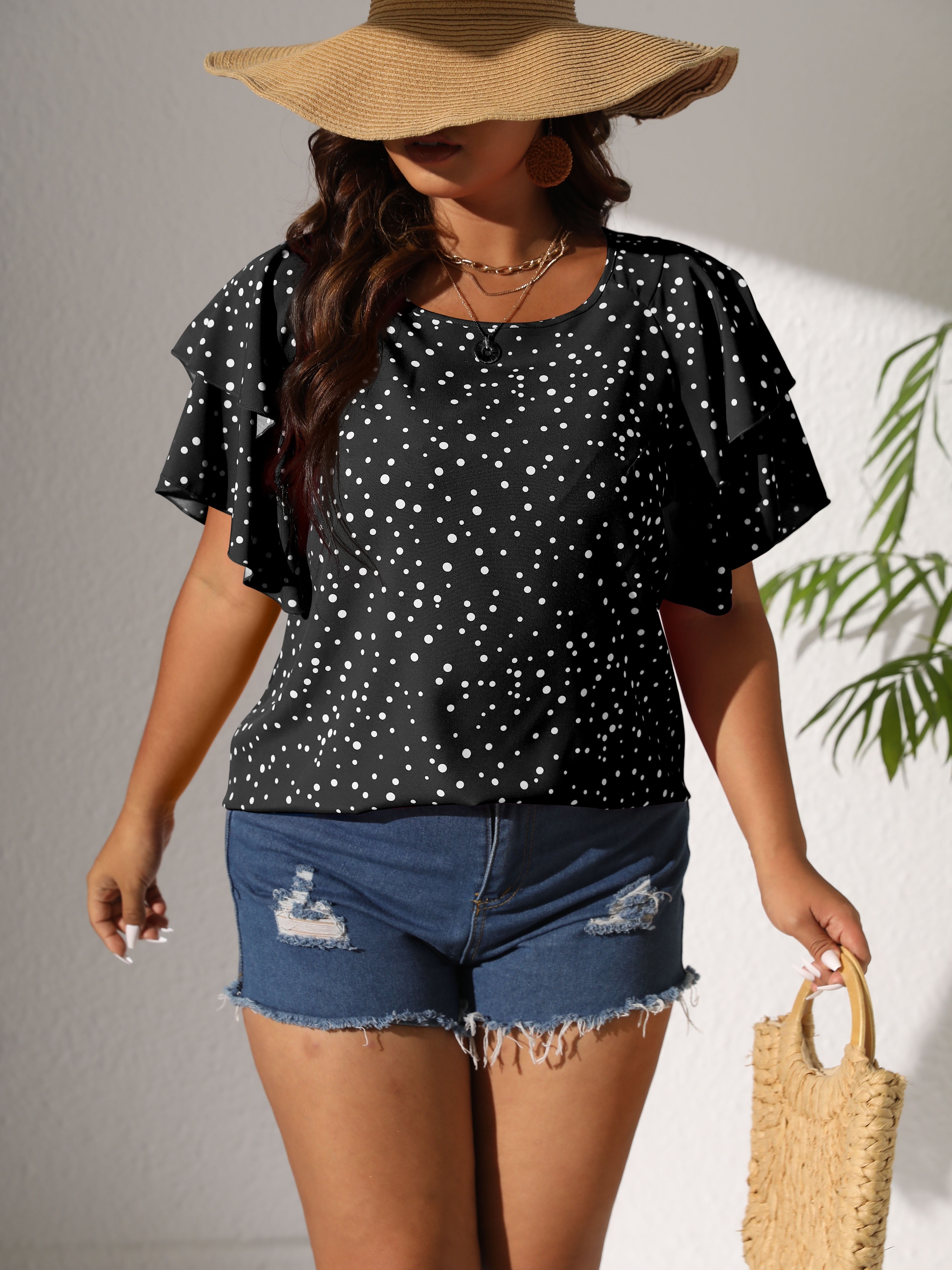 plus size casual blouse womens plus polka dot print layered sleeve round neck oversized blouse details 48