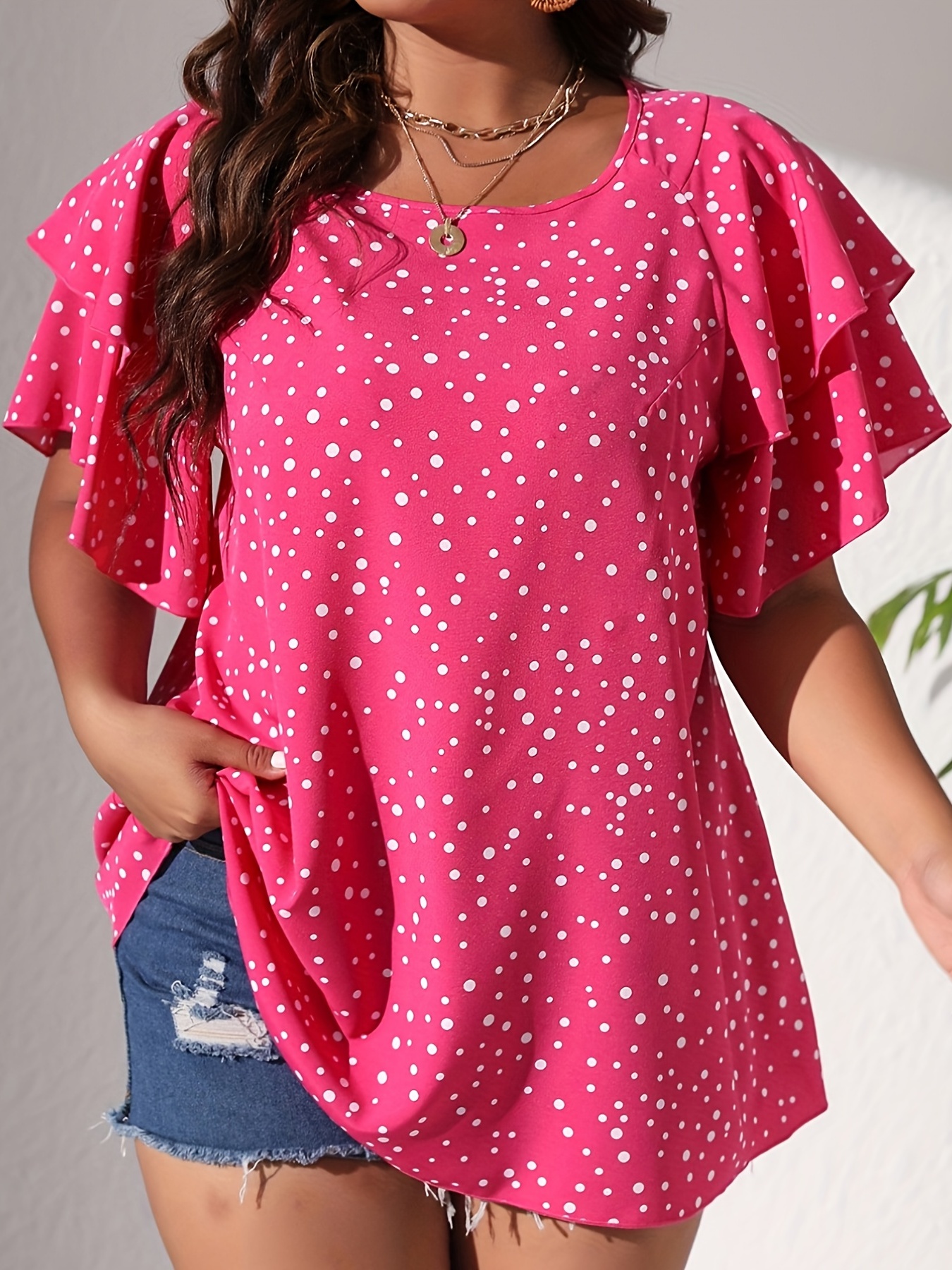 plus size casual blouse womens plus polka dot print layered sleeve round neck oversized blouse details 50