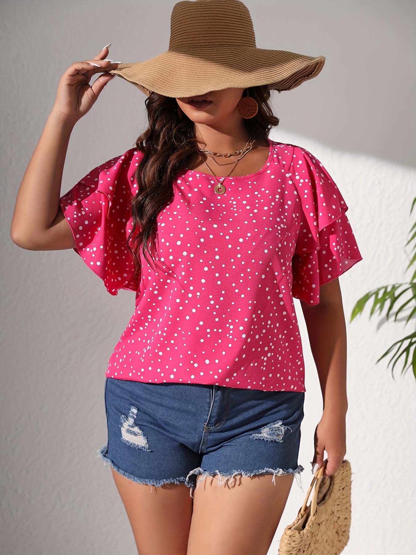 plus size casual blouse womens plus polka dot print layered sleeve round neck oversized blouse details 52