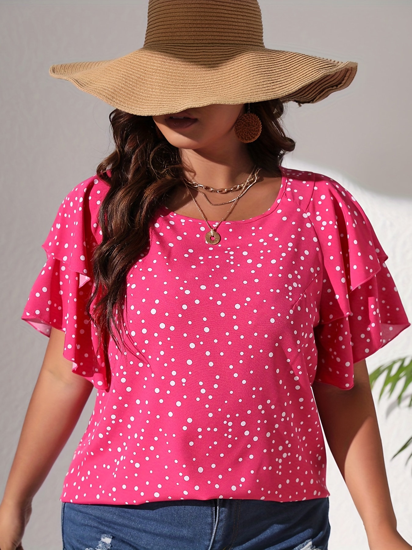 plus size casual blouse womens plus polka dot print layered sleeve round neck oversized blouse details 53