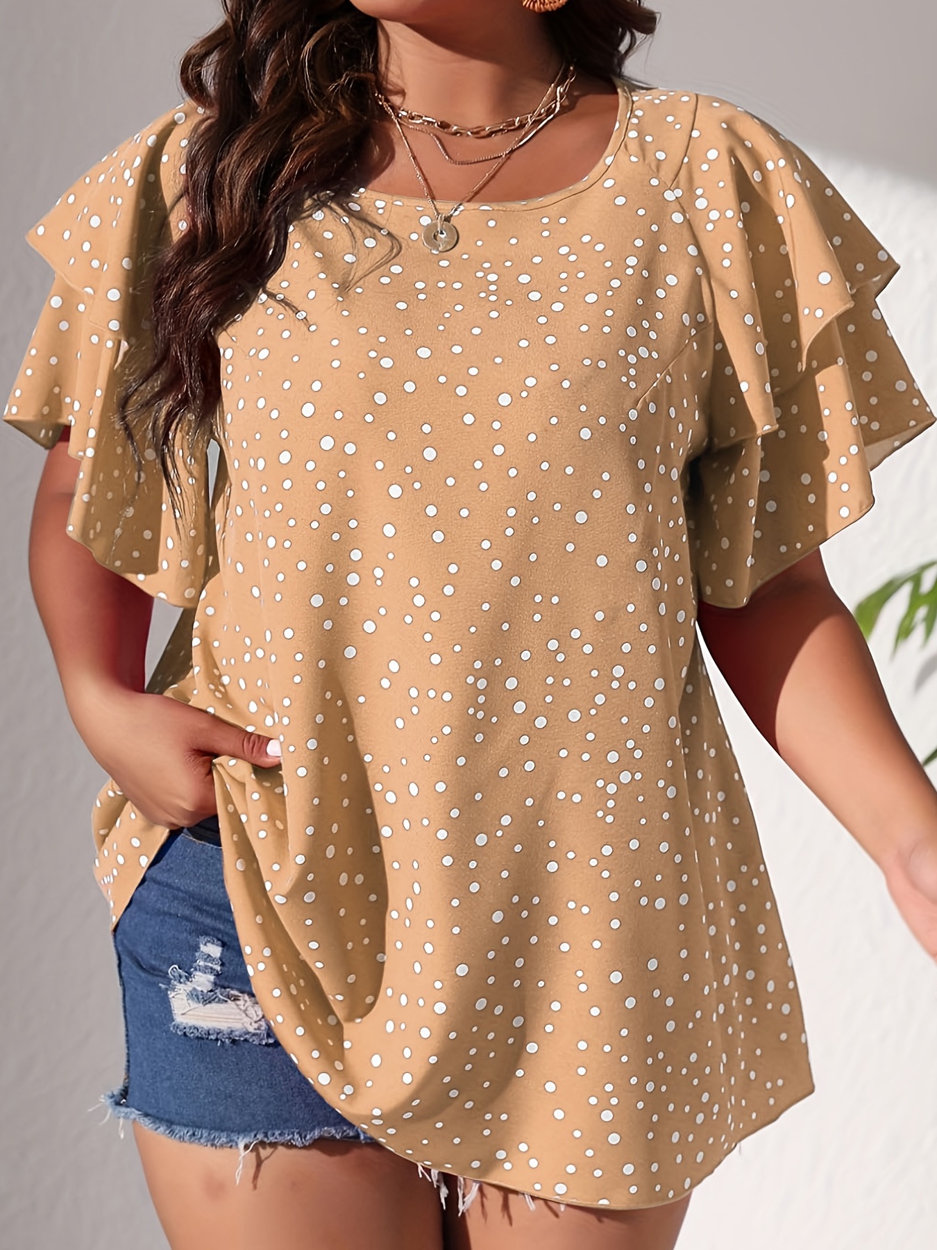 plus size casual blouse womens plus polka dot print layered sleeve round neck oversized blouse details 55