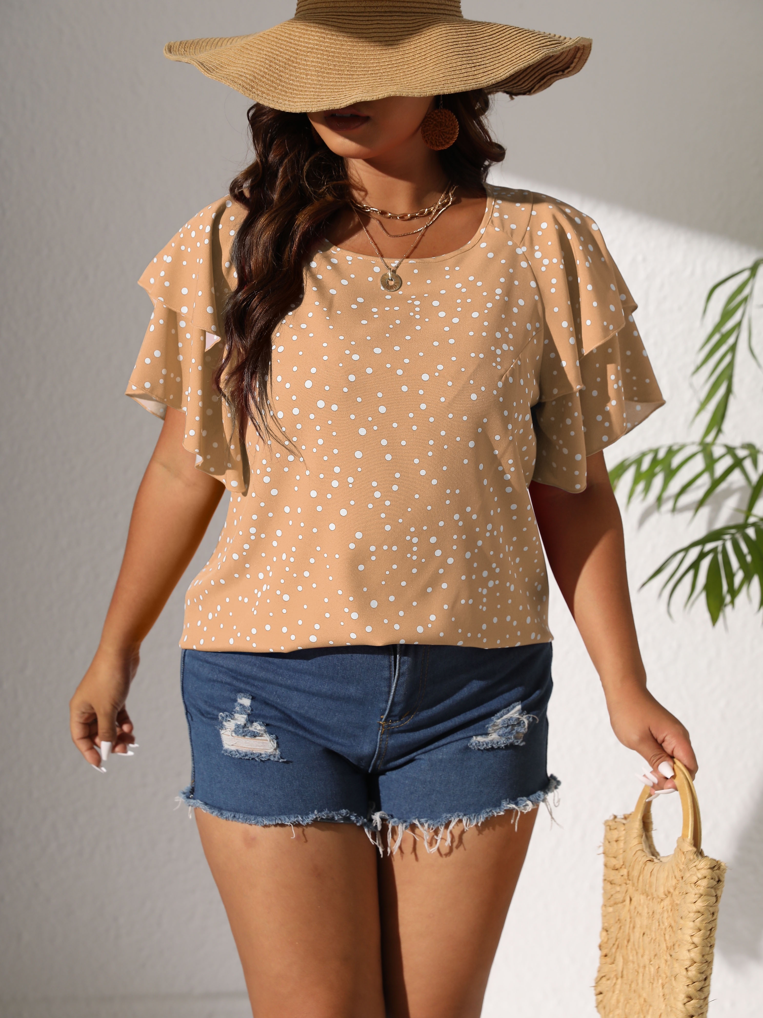 plus size casual blouse womens plus polka dot print layered sleeve round neck oversized blouse details 58