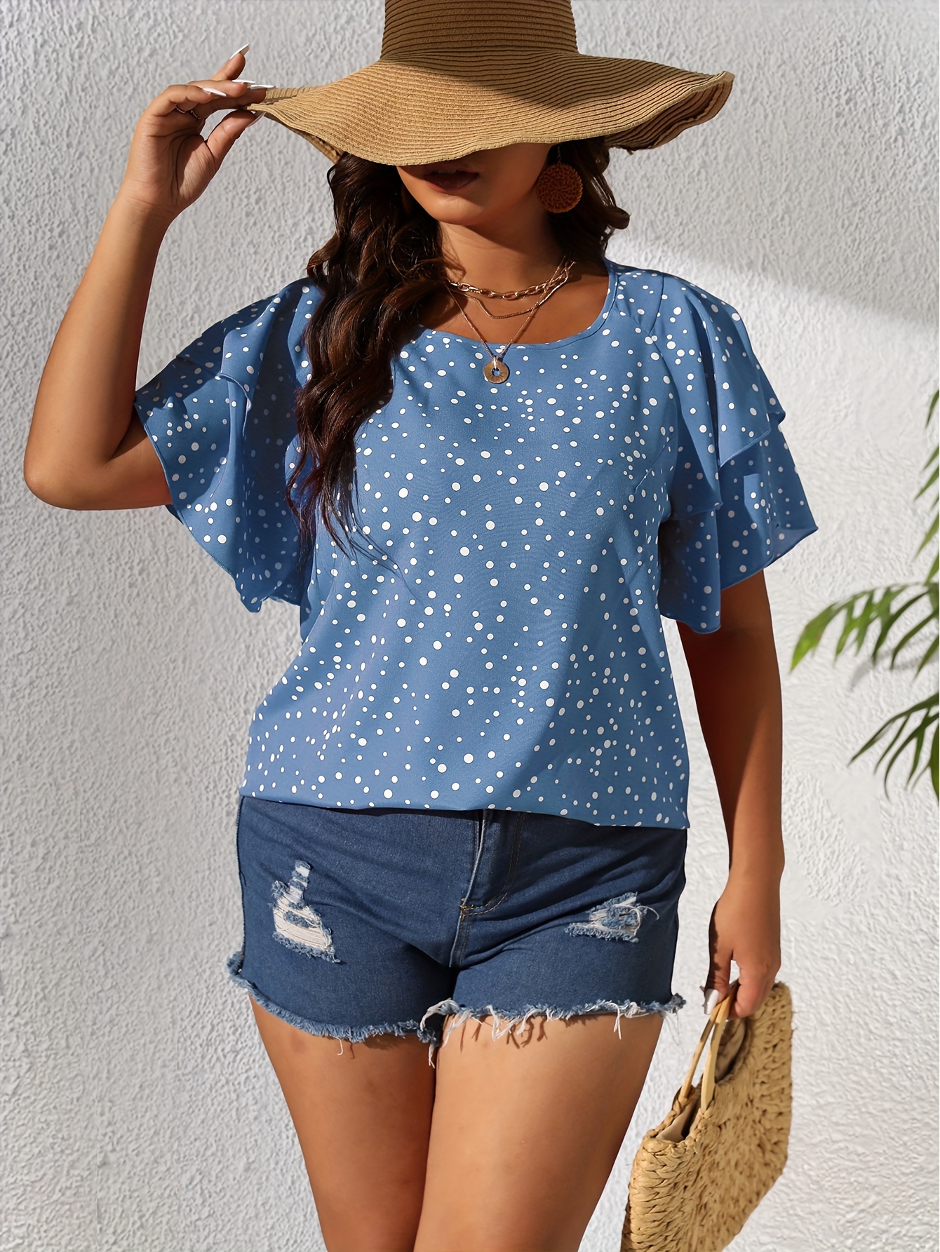 plus size casual blouse womens plus polka dot print layered sleeve round neck oversized blouse details 62