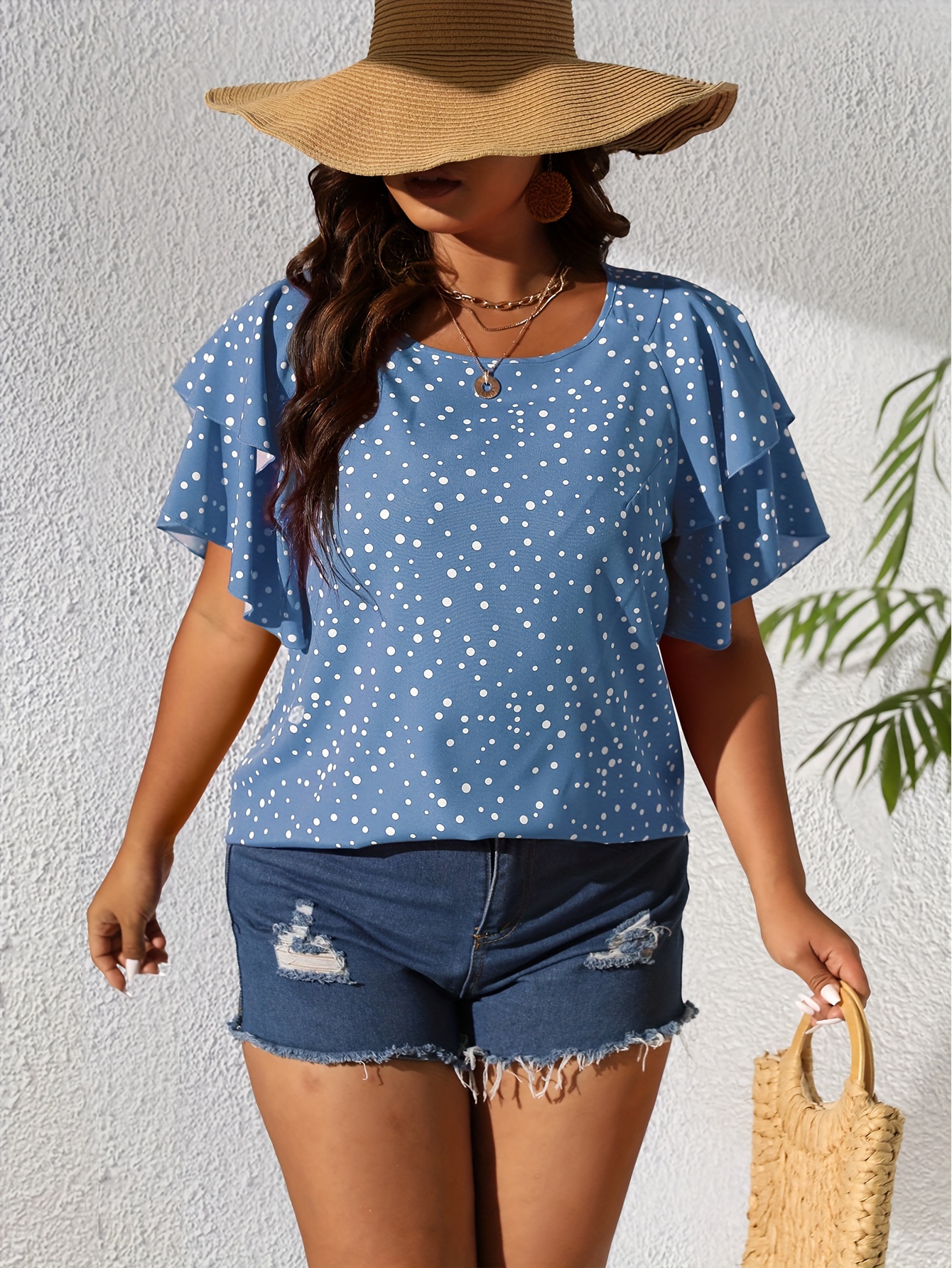 plus size casual blouse womens plus polka dot print layered sleeve round neck oversized blouse details 63