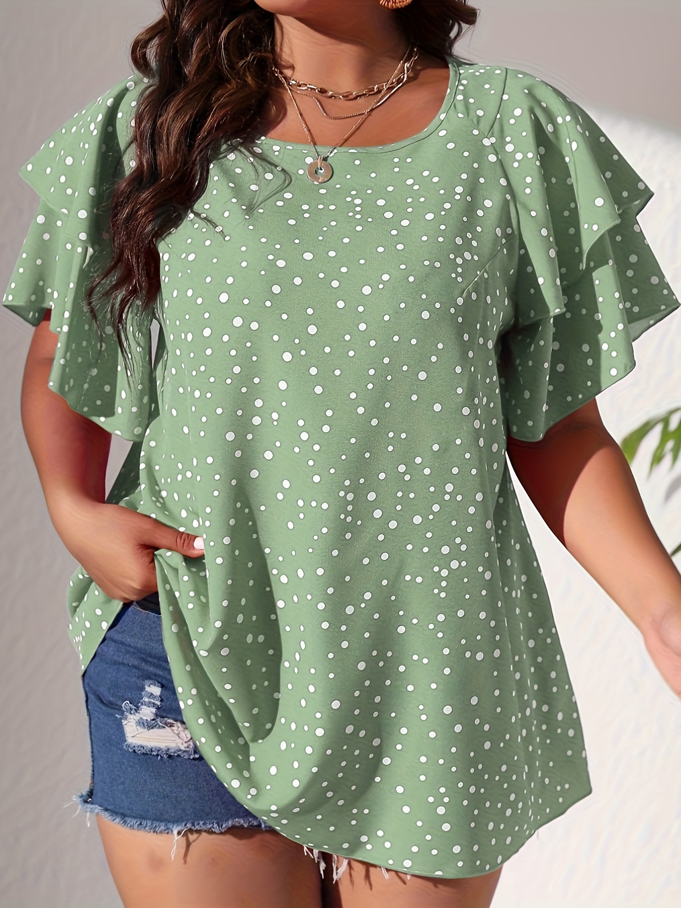 plus size casual blouse womens plus polka dot print layered sleeve round neck oversized blouse details 65