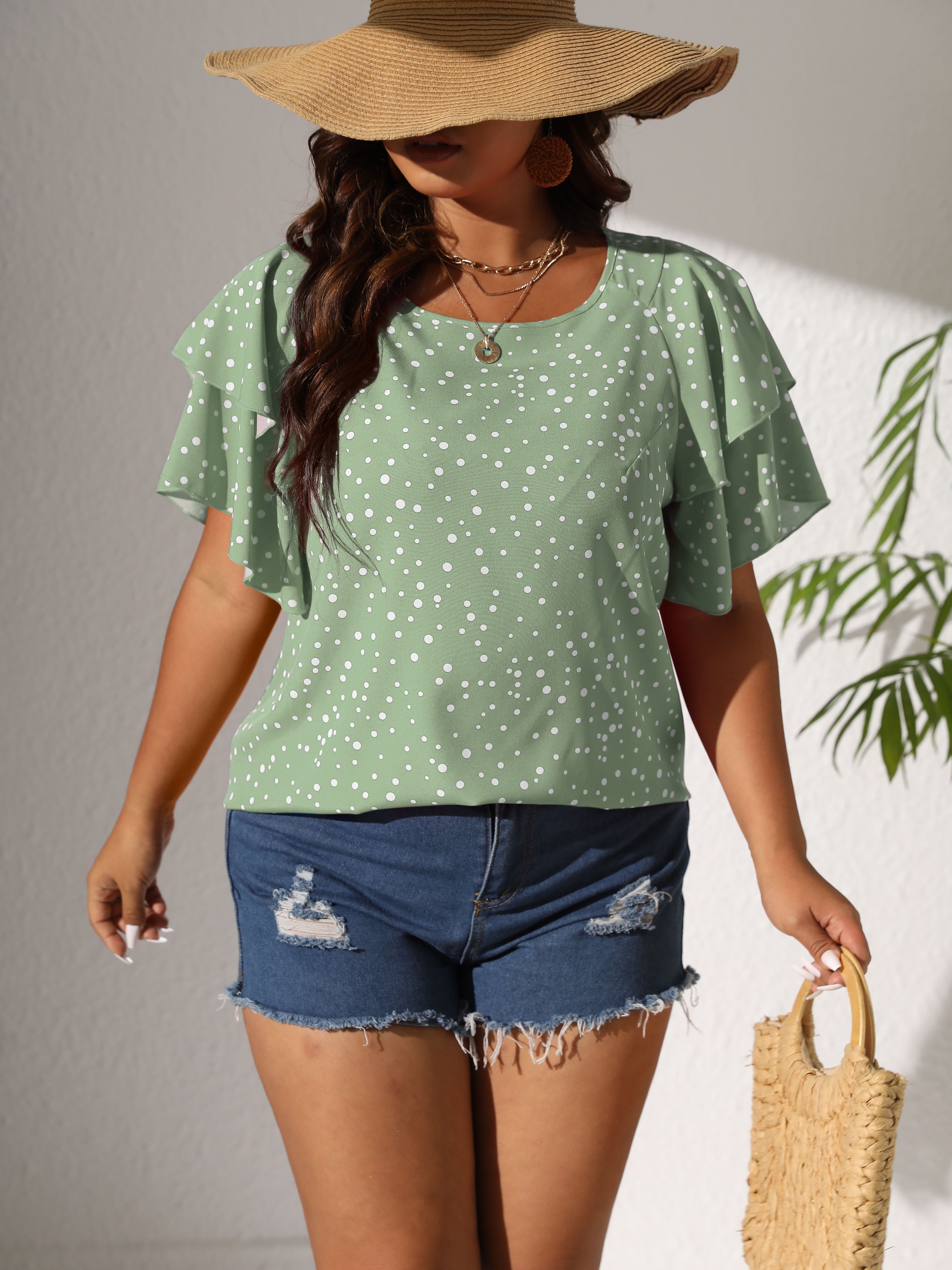 plus size casual blouse womens plus polka dot print layered sleeve round neck oversized blouse details 68