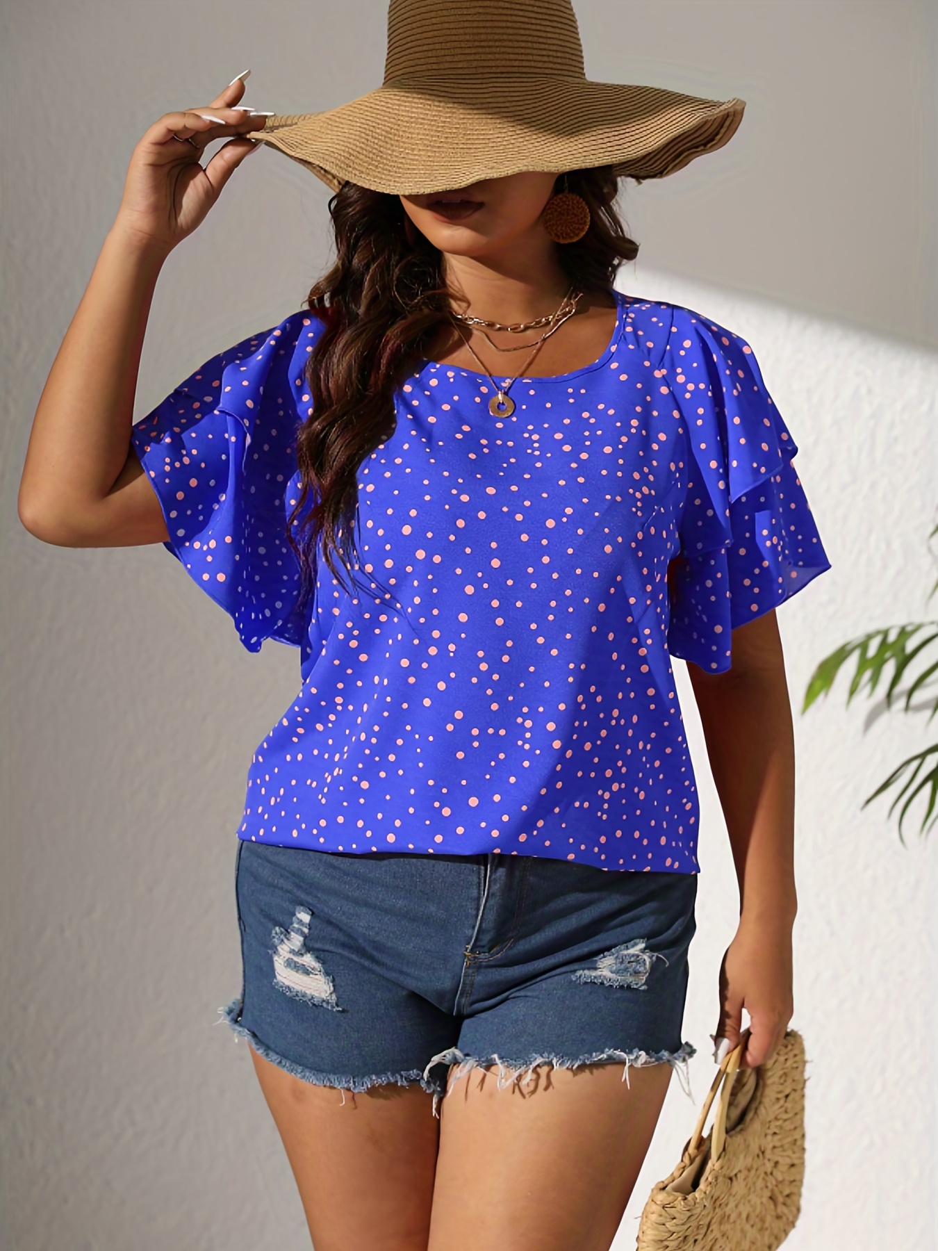 plus size casual blouse womens plus polka dot print layered sleeve round neck oversized blouse details 72