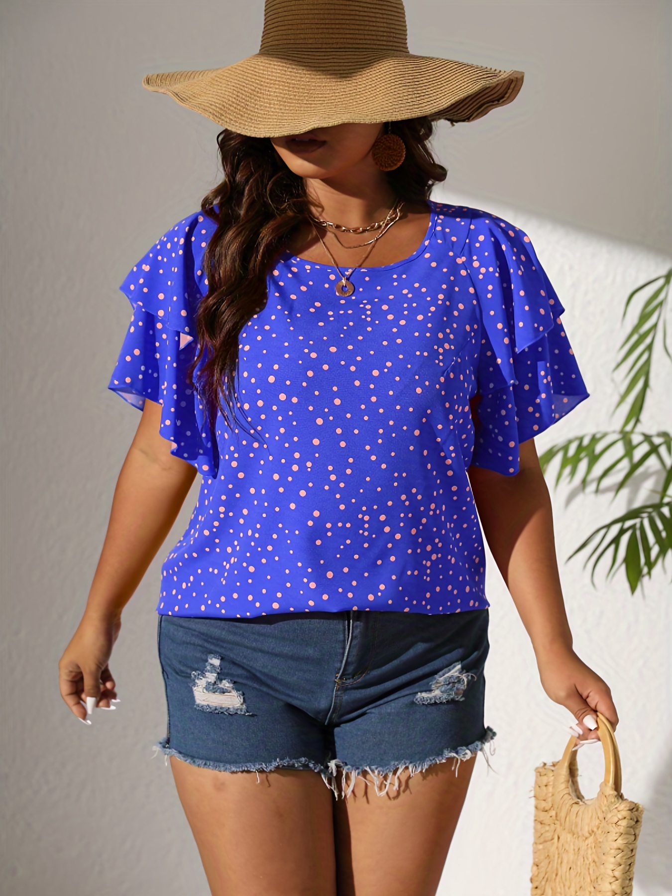 plus size casual blouse womens plus polka dot print layered sleeve round neck oversized blouse details 73