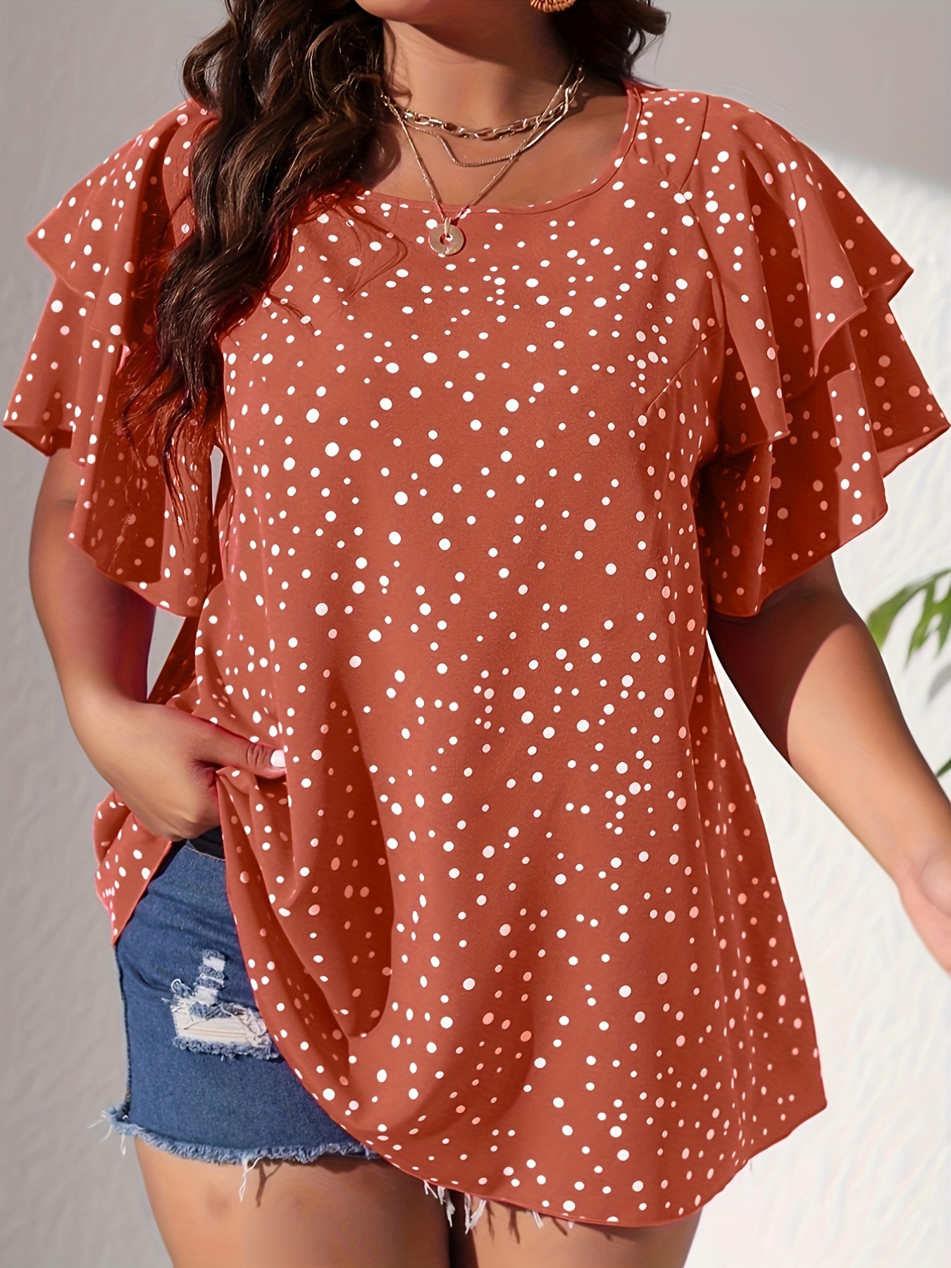 plus size casual blouse womens plus polka dot print layered sleeve round neck oversized blouse details 76