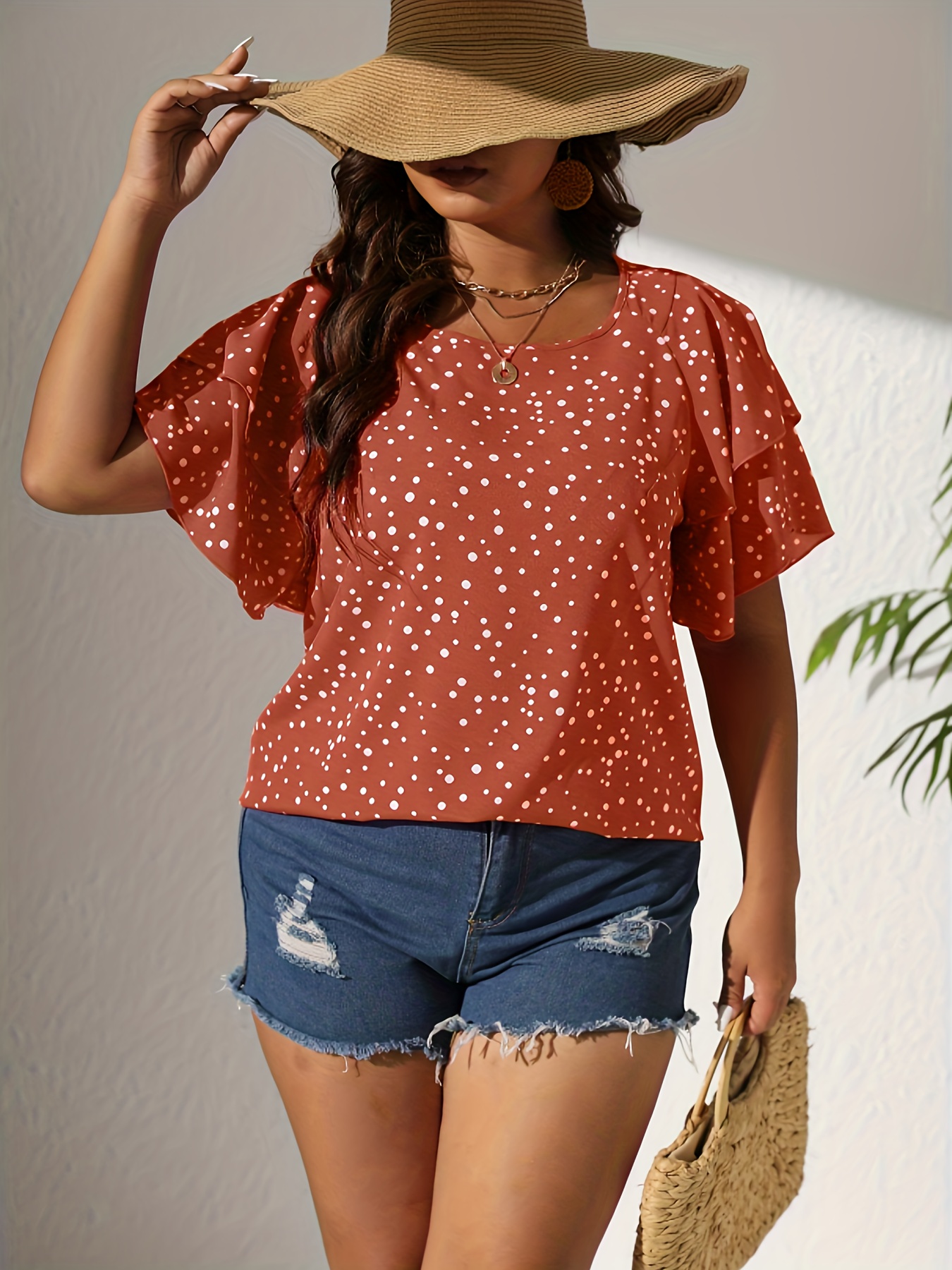 plus size casual blouse womens plus polka dot print layered sleeve round neck oversized blouse details 77