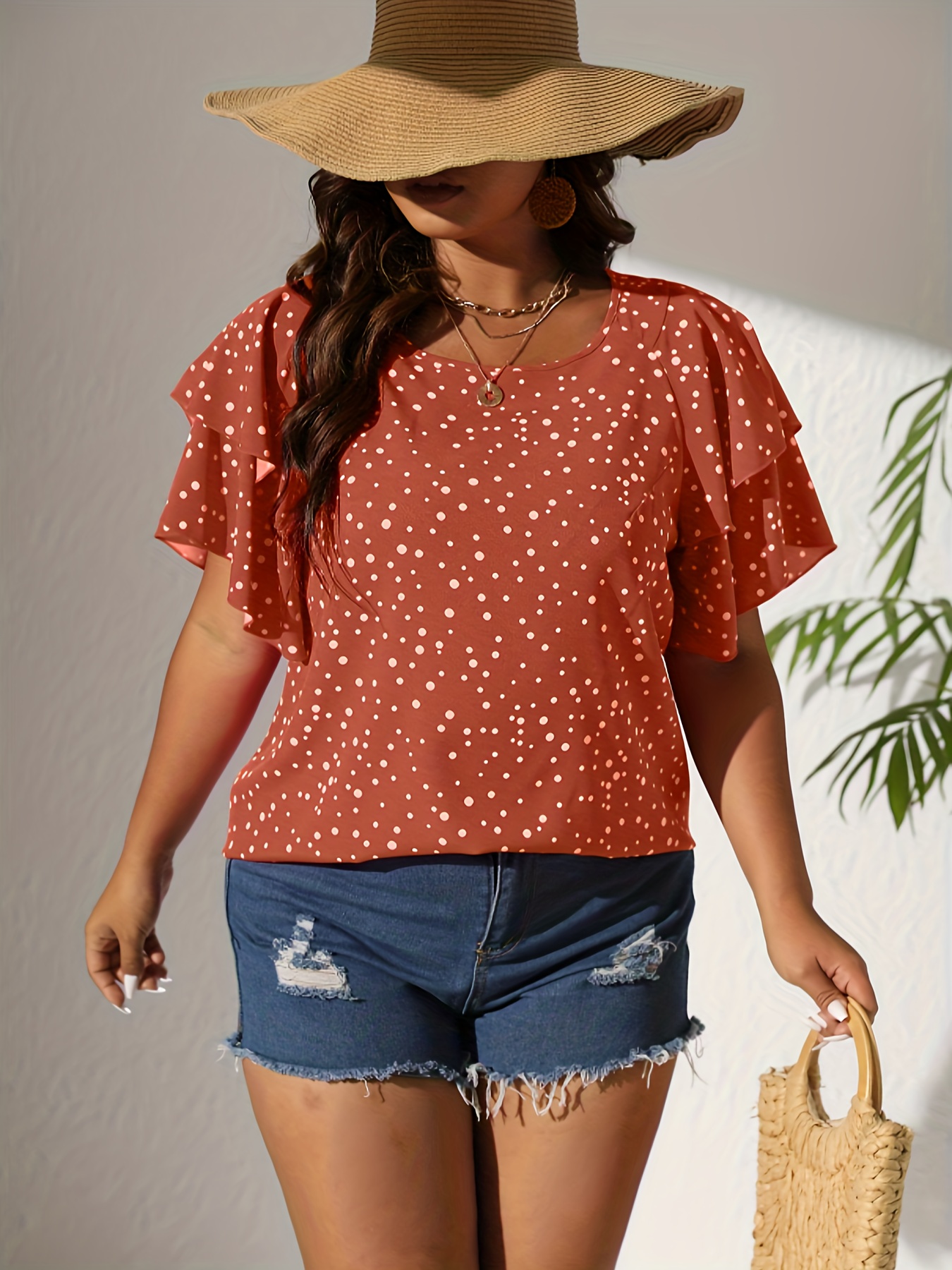 plus size casual blouse womens plus polka dot print layered sleeve round neck oversized blouse details 78