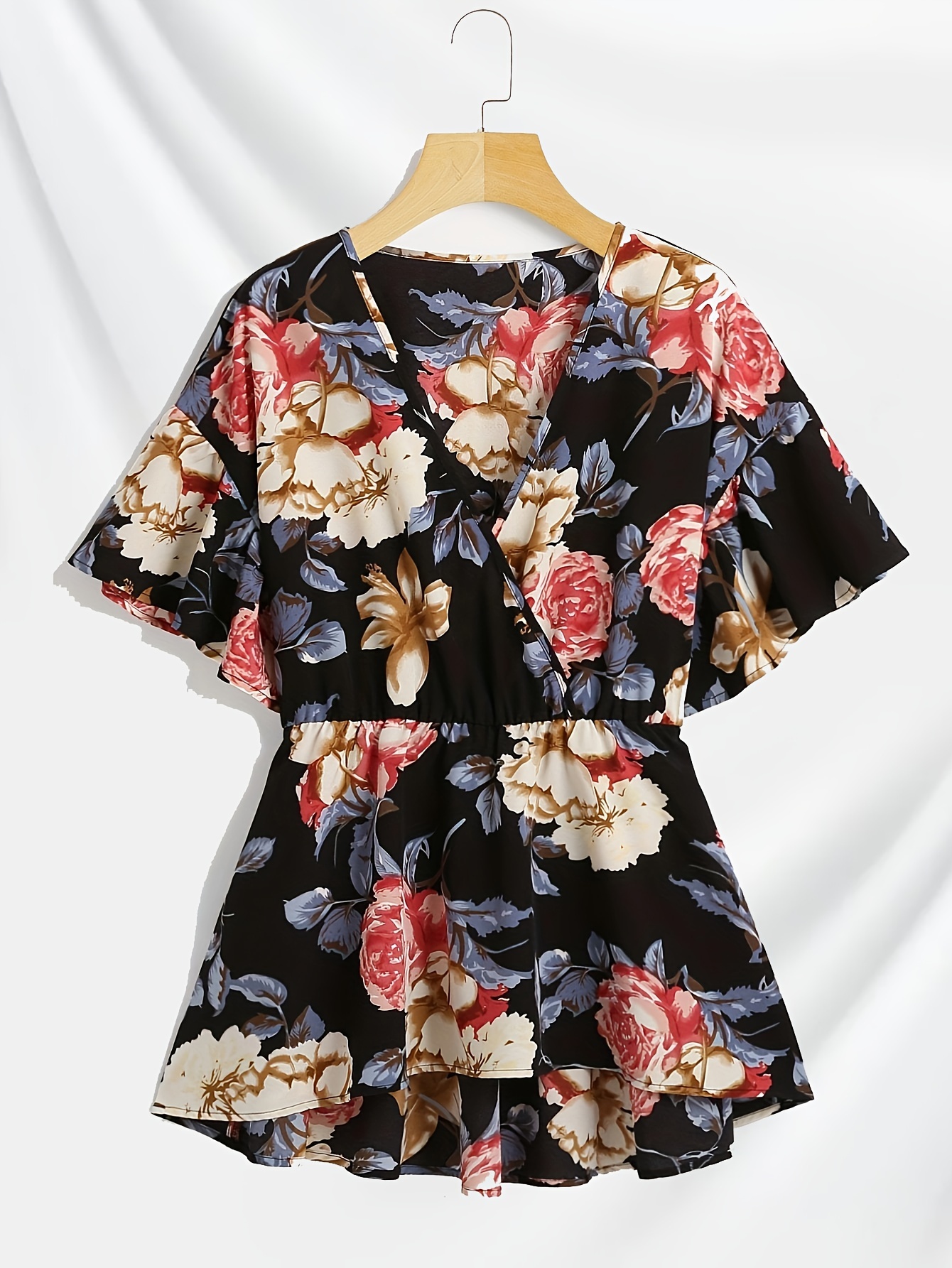 plus size floral print surplice neck blouse casual short sleeve blouse for spring summer womens plus size clothing details 0