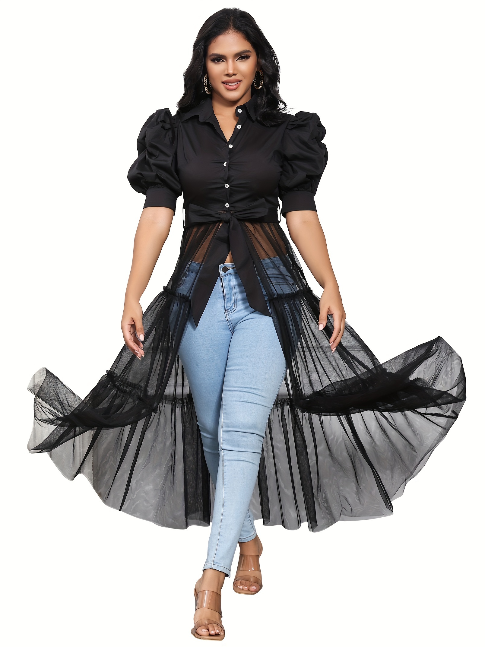 plus size solid contrast mesh blouse casual lapel neck button front puff sleeve blouse for spring summer womens plus size clothing details 15