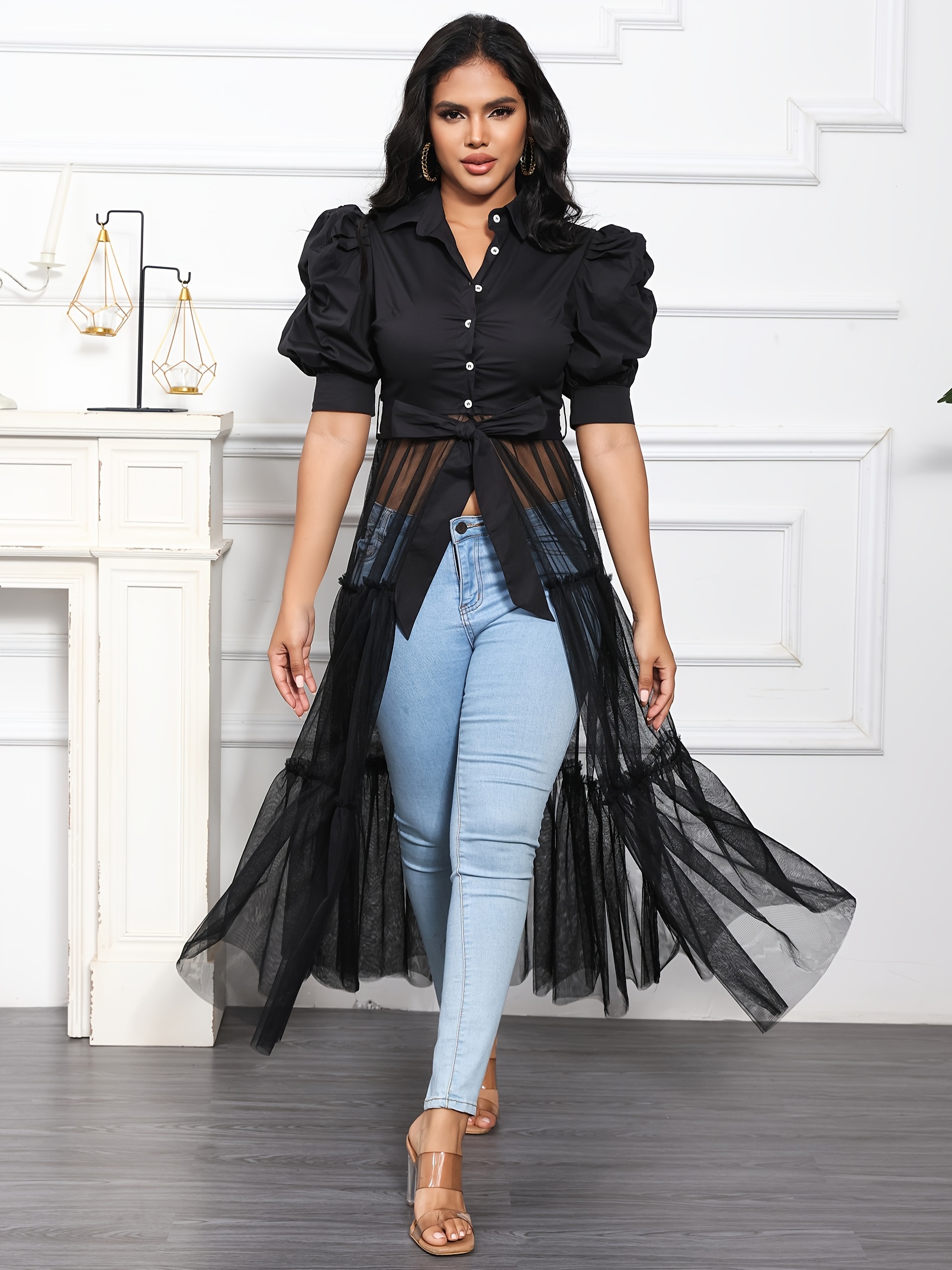 plus size solid contrast mesh blouse casual lapel neck button front puff sleeve blouse for spring summer womens plus size clothing details 16