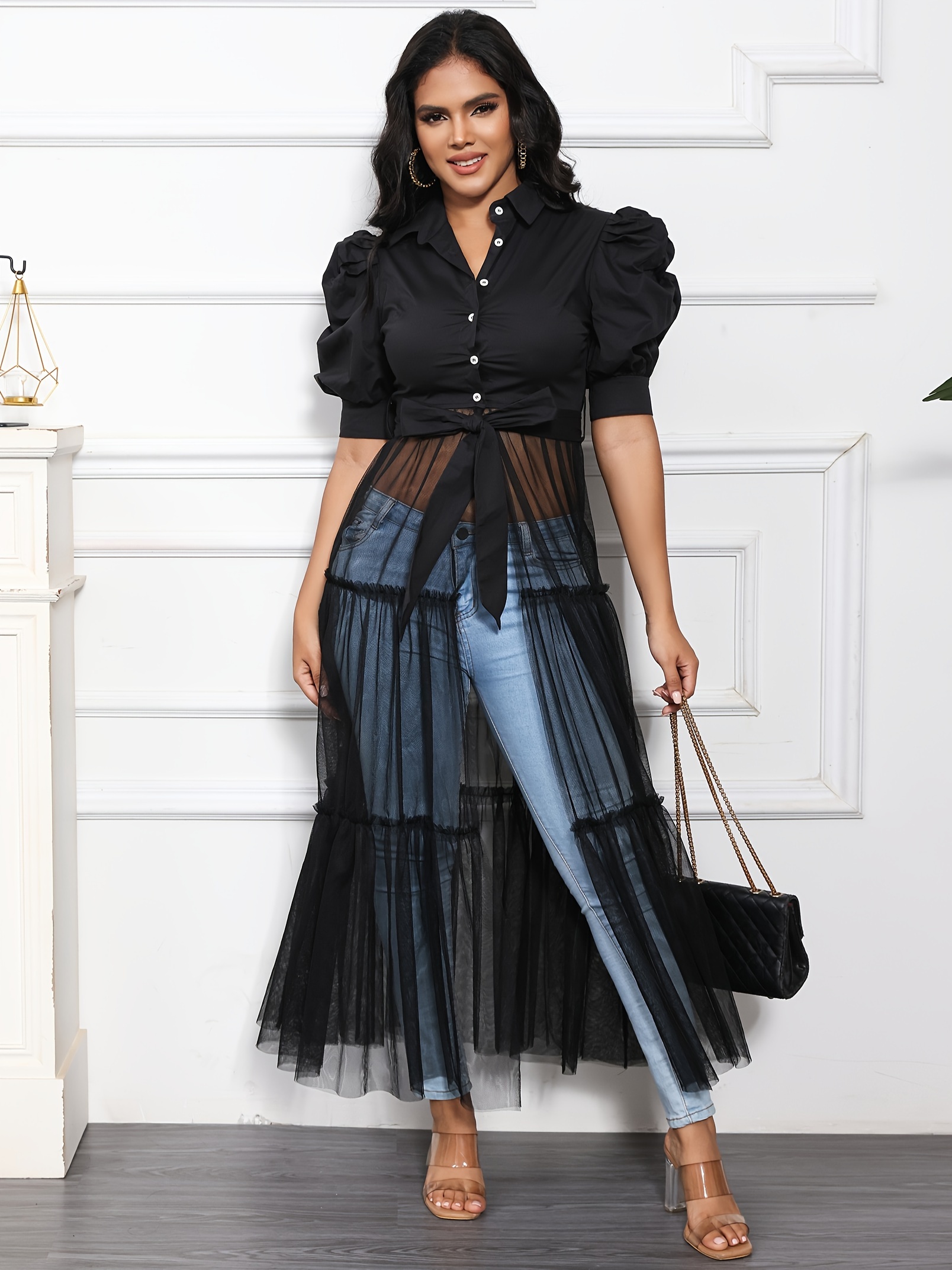 plus size solid contrast mesh blouse casual lapel neck button front puff sleeve blouse for spring summer womens plus size clothing details 17