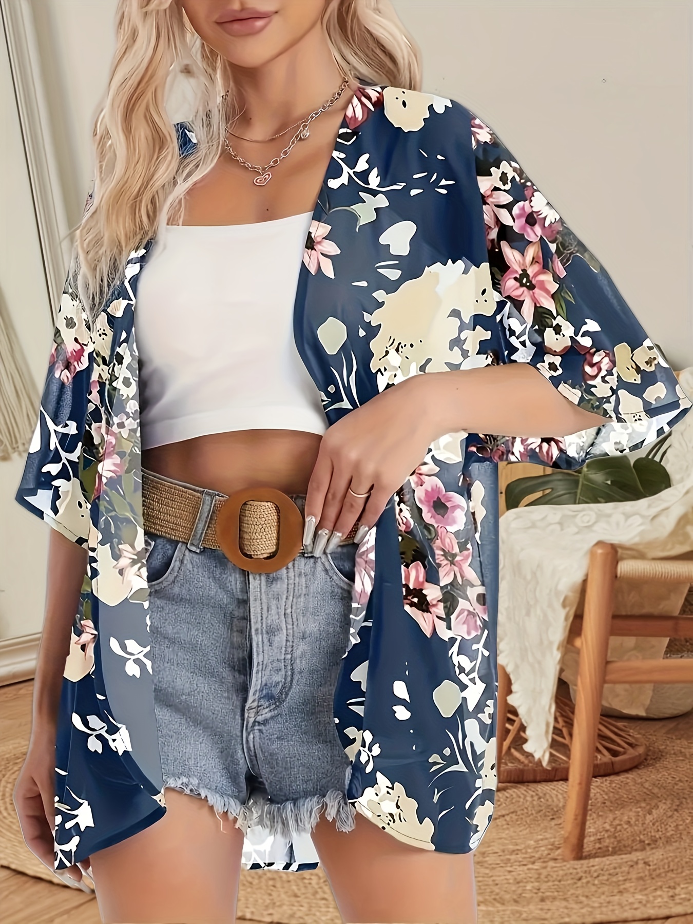 plus size floral print cover up kimono casual v neck open front 3 4 sleeve blouse for spring summer womens plus size clothing details 1