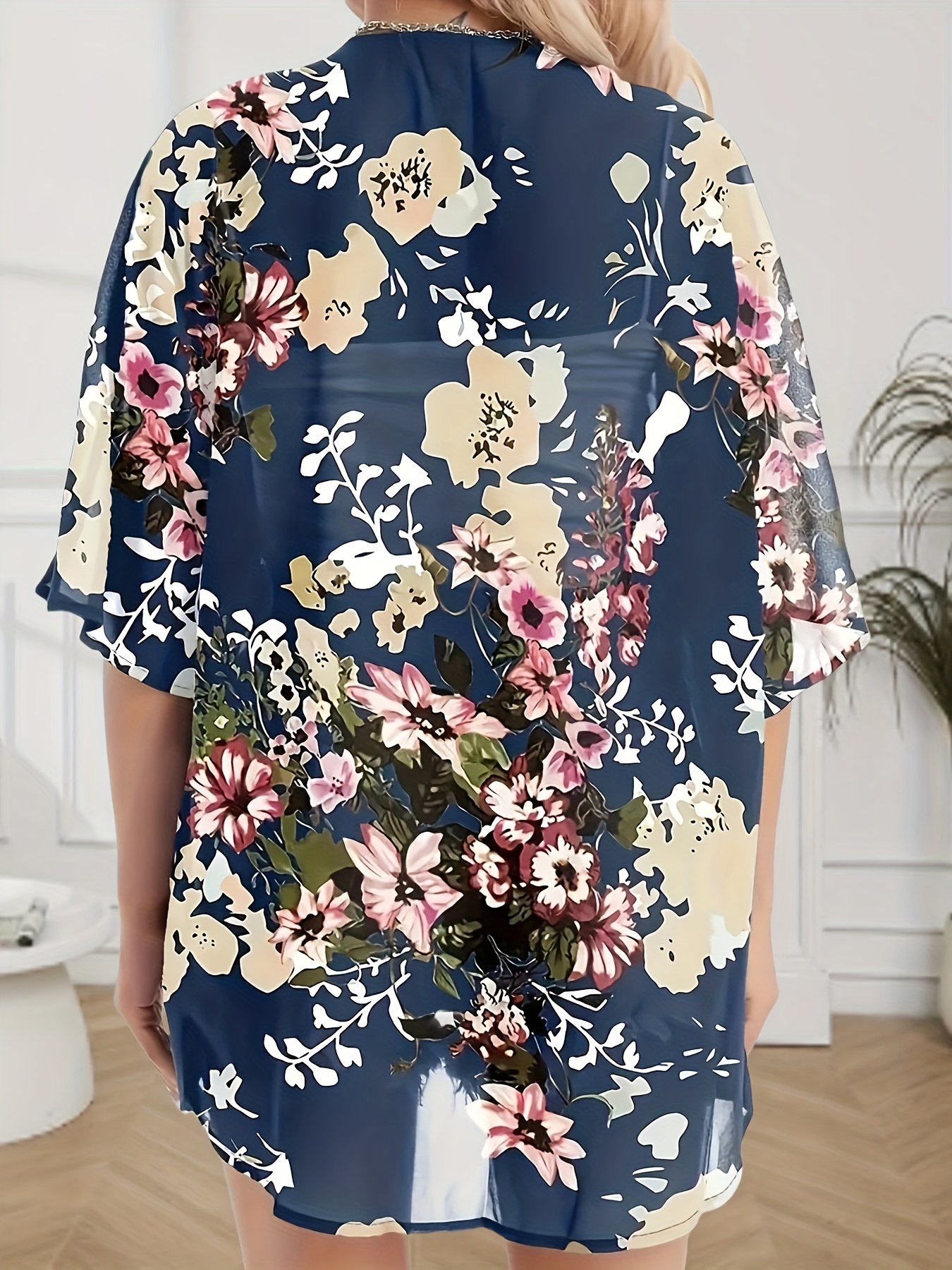 plus size floral print cover up kimono casual v neck open front 3 4 sleeve blouse for spring summer womens plus size clothing details 2