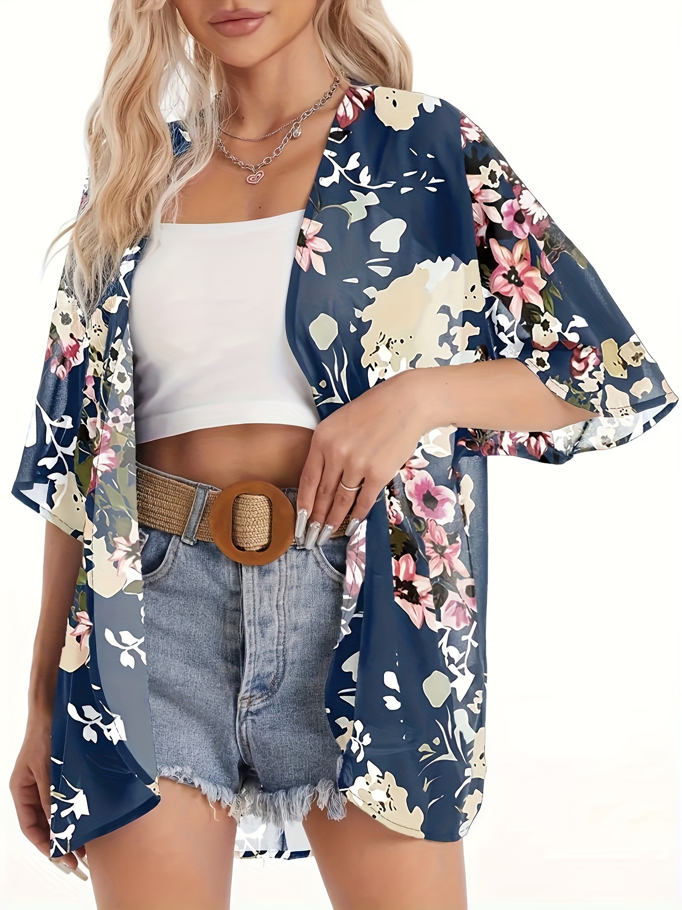 plus size floral print cover up kimono casual v neck open front 3 4 sleeve blouse for spring summer womens plus size clothing details 3