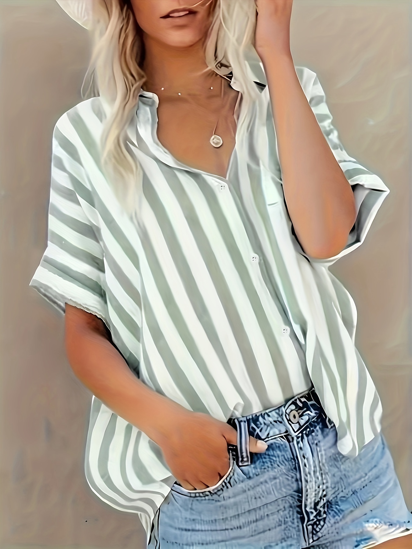 plus size striped print blouse casual short sleeve buttons blouse for spring womens plus size clothing details 0