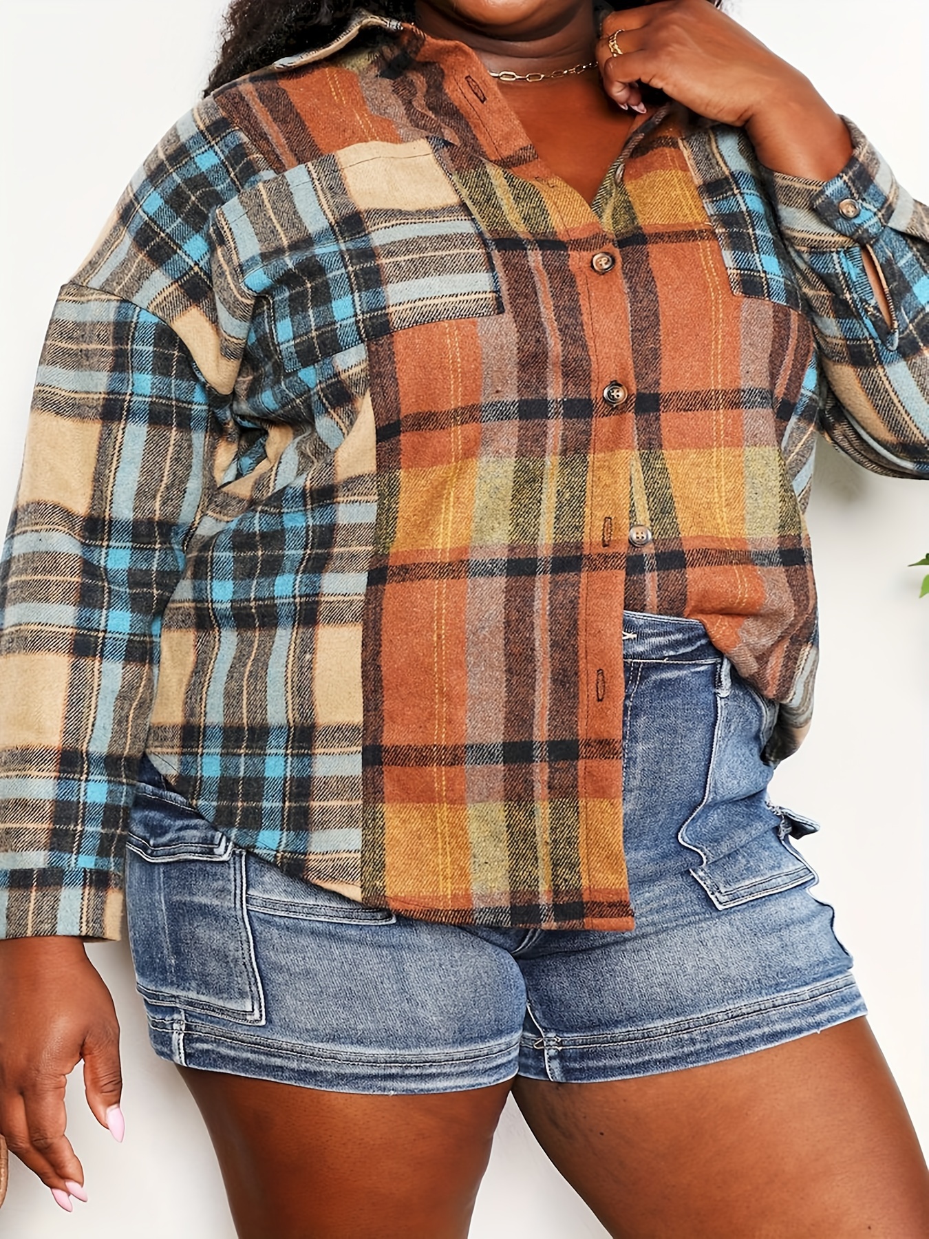 plus size plaid print with pockets blouse casual lapel neck button front long sleeve blouse for spring fall womens plus size clothing details 1