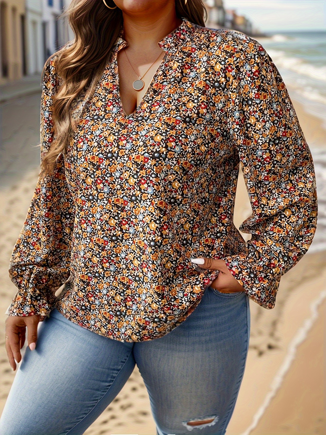 plus size floral print blouse casual v neck long sleeve daily wear blouse womens plus size clothing details 0