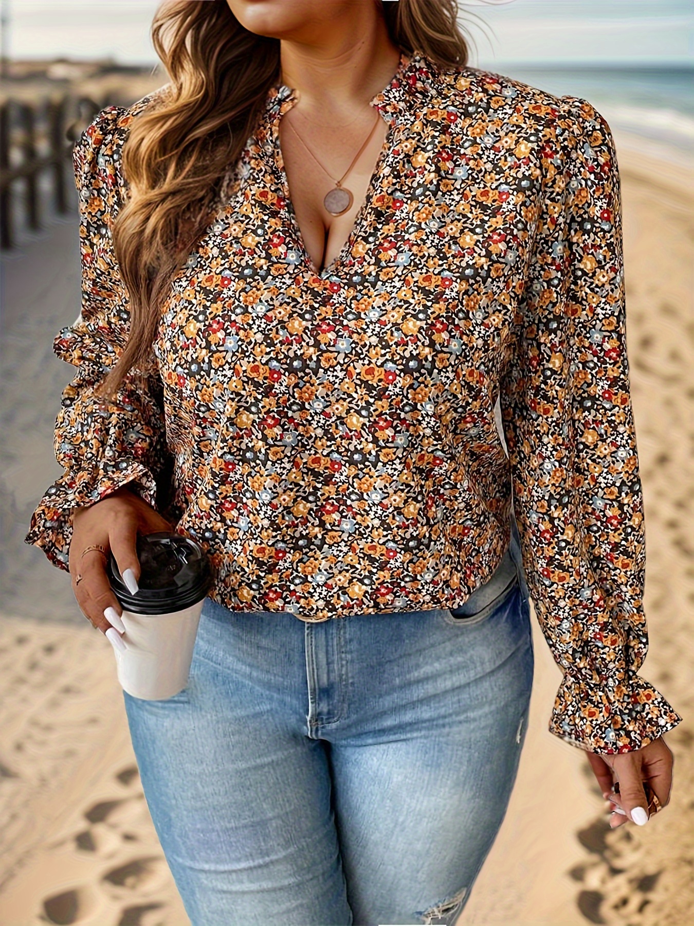 plus size floral print blouse casual v neck long sleeve daily wear blouse womens plus size clothing details 1