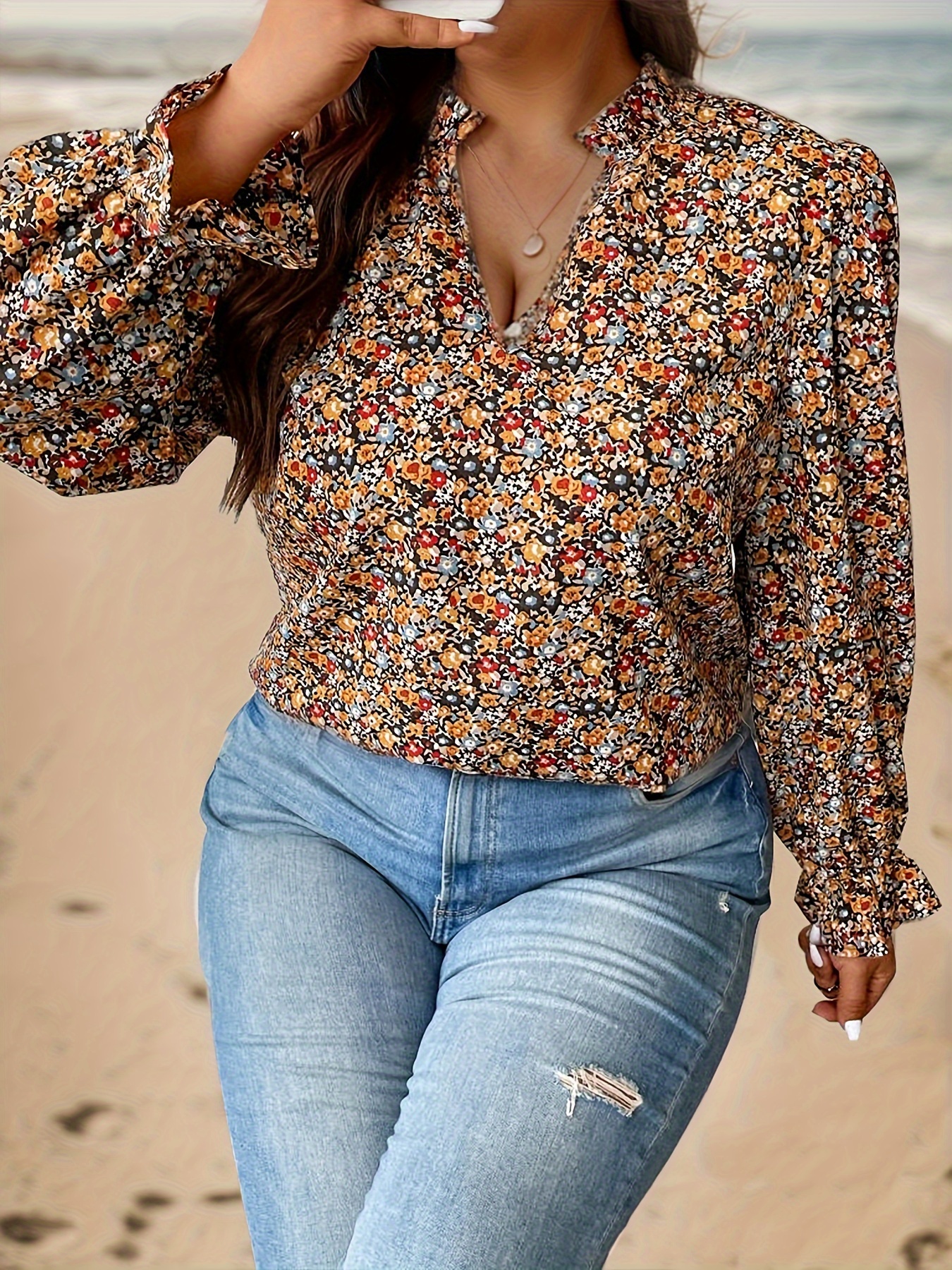 plus size floral print blouse casual v neck long sleeve daily wear blouse womens plus size clothing details 2