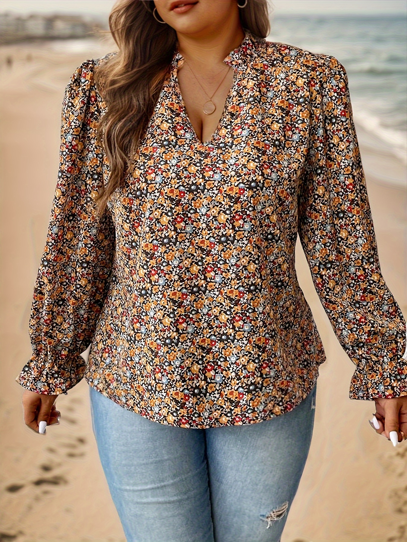 plus size floral print blouse casual v neck long sleeve daily wear blouse womens plus size clothing details 3