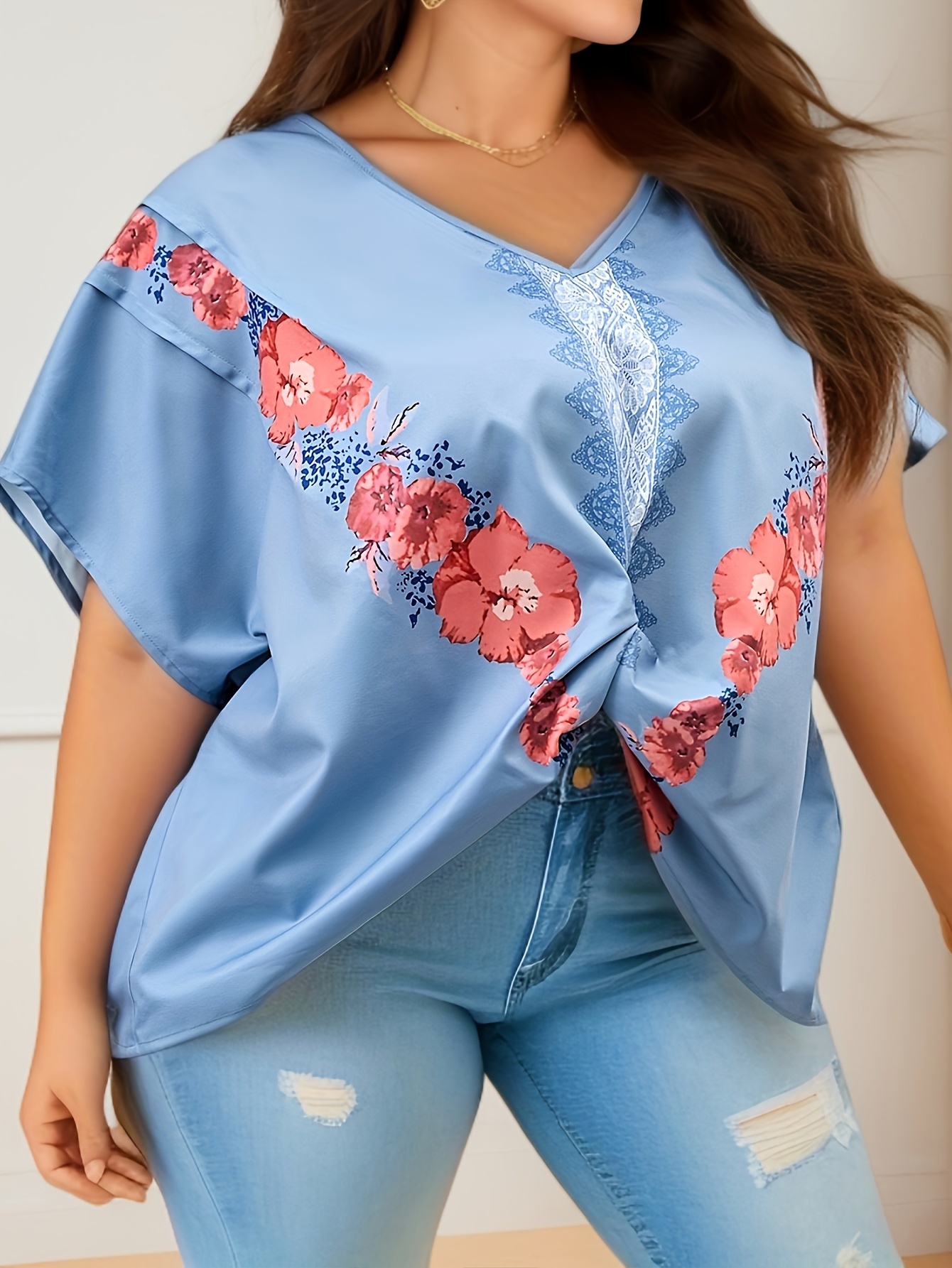 plus size floral print v neck blouse casual short sleeve blouse for spring summer womens plus size clothing details 0