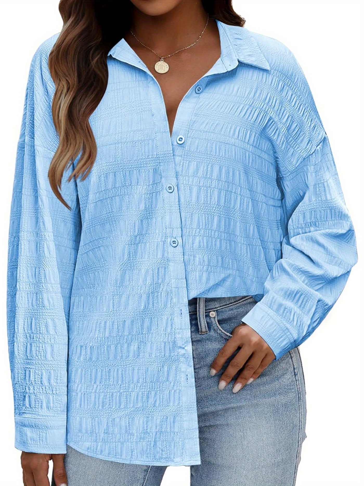 plus size solid textured button down blouse casual lapel neck long sleeve blouse for spring fall womens plus size clothing details 5