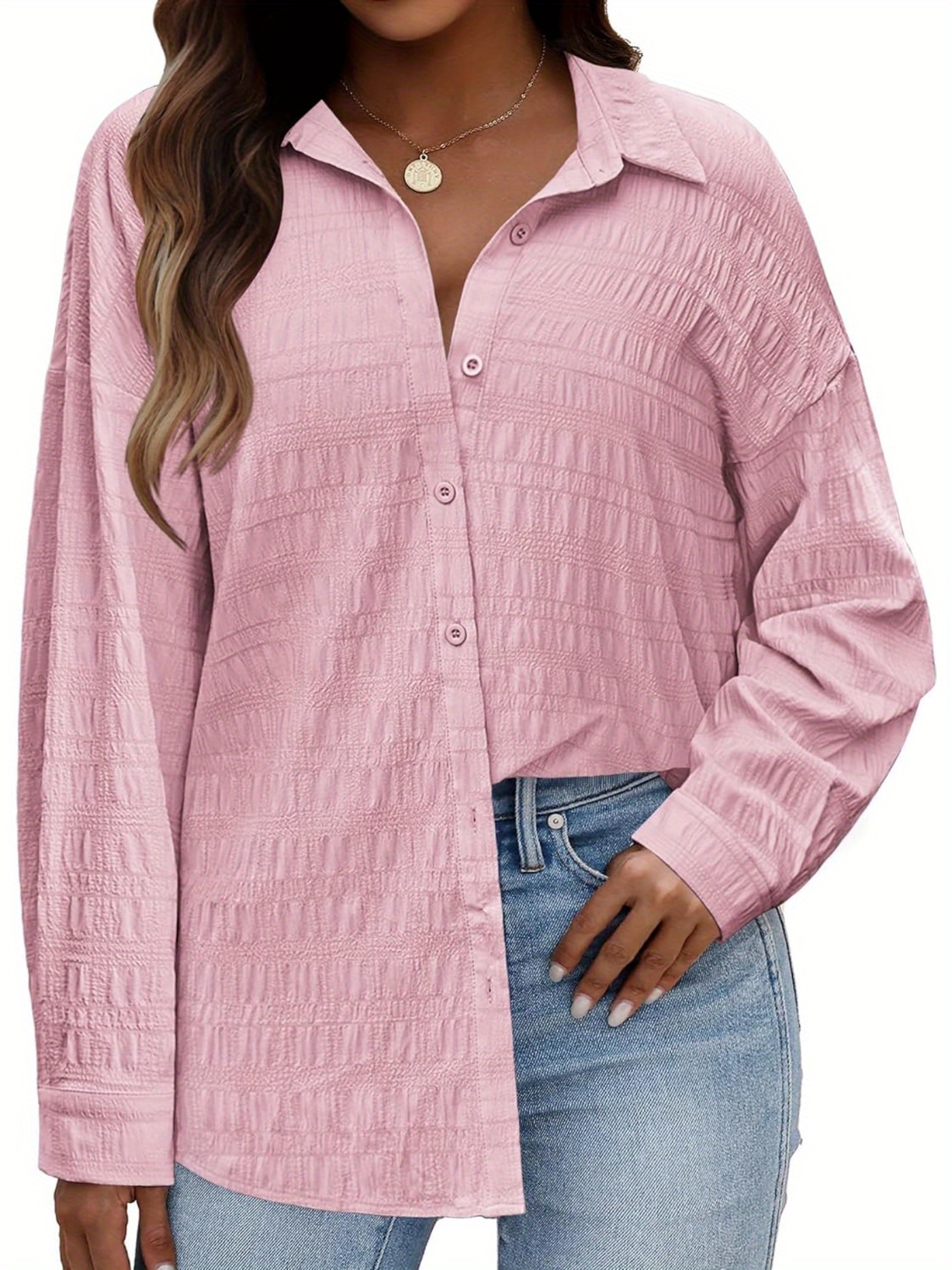 plus size solid textured button down blouse casual lapel neck long sleeve blouse for spring fall womens plus size clothing details 10