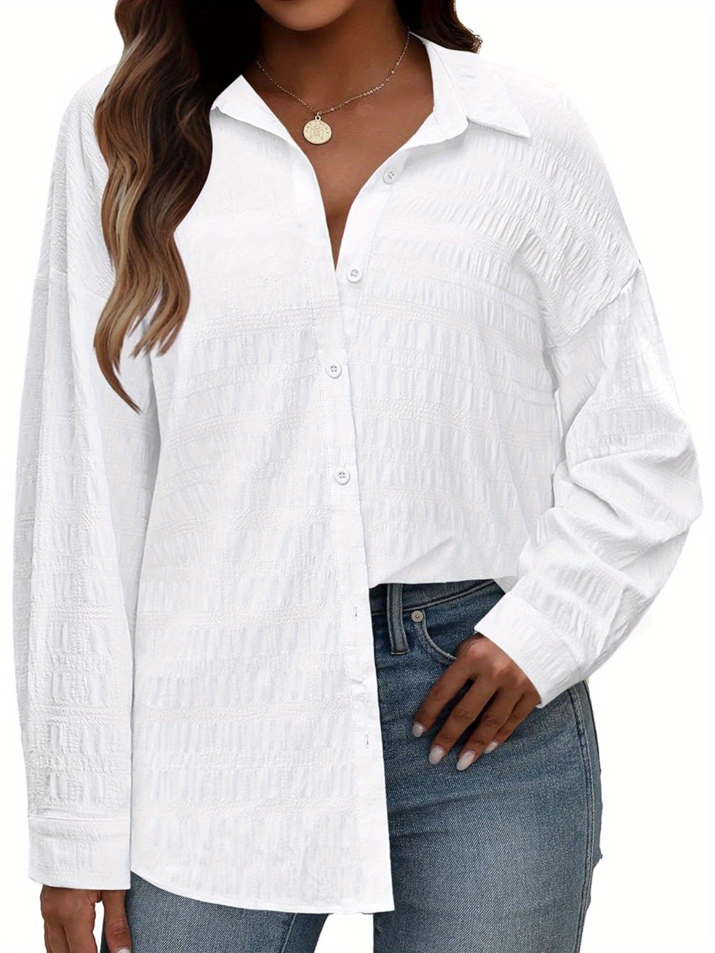 plus size solid textured button down blouse casual lapel neck long sleeve blouse for spring fall womens plus size clothing details 16