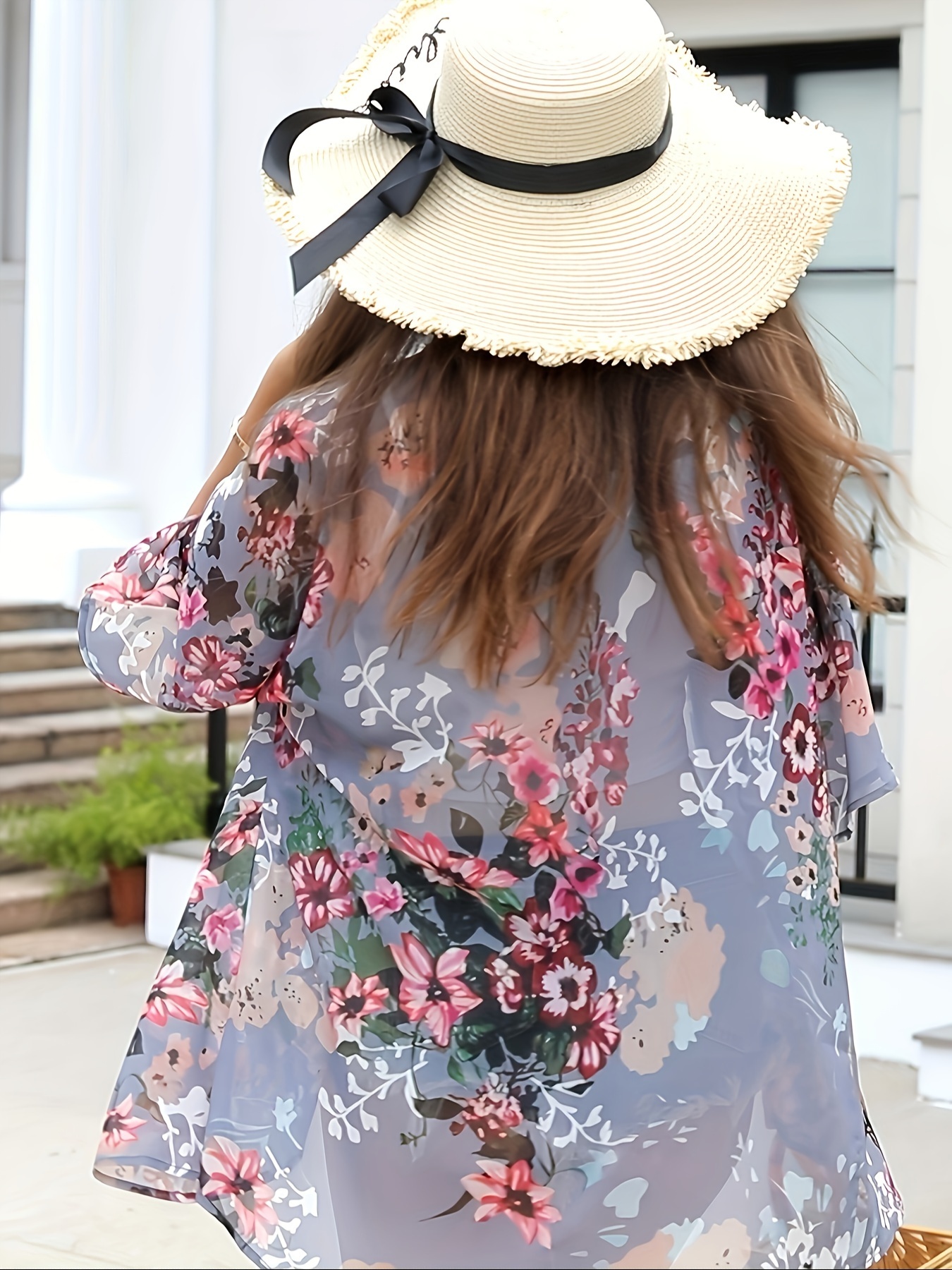 plus size floral print open front kimono casual 3 4 sleeve cover up kimono for spring summer womens plus size clothing details 0