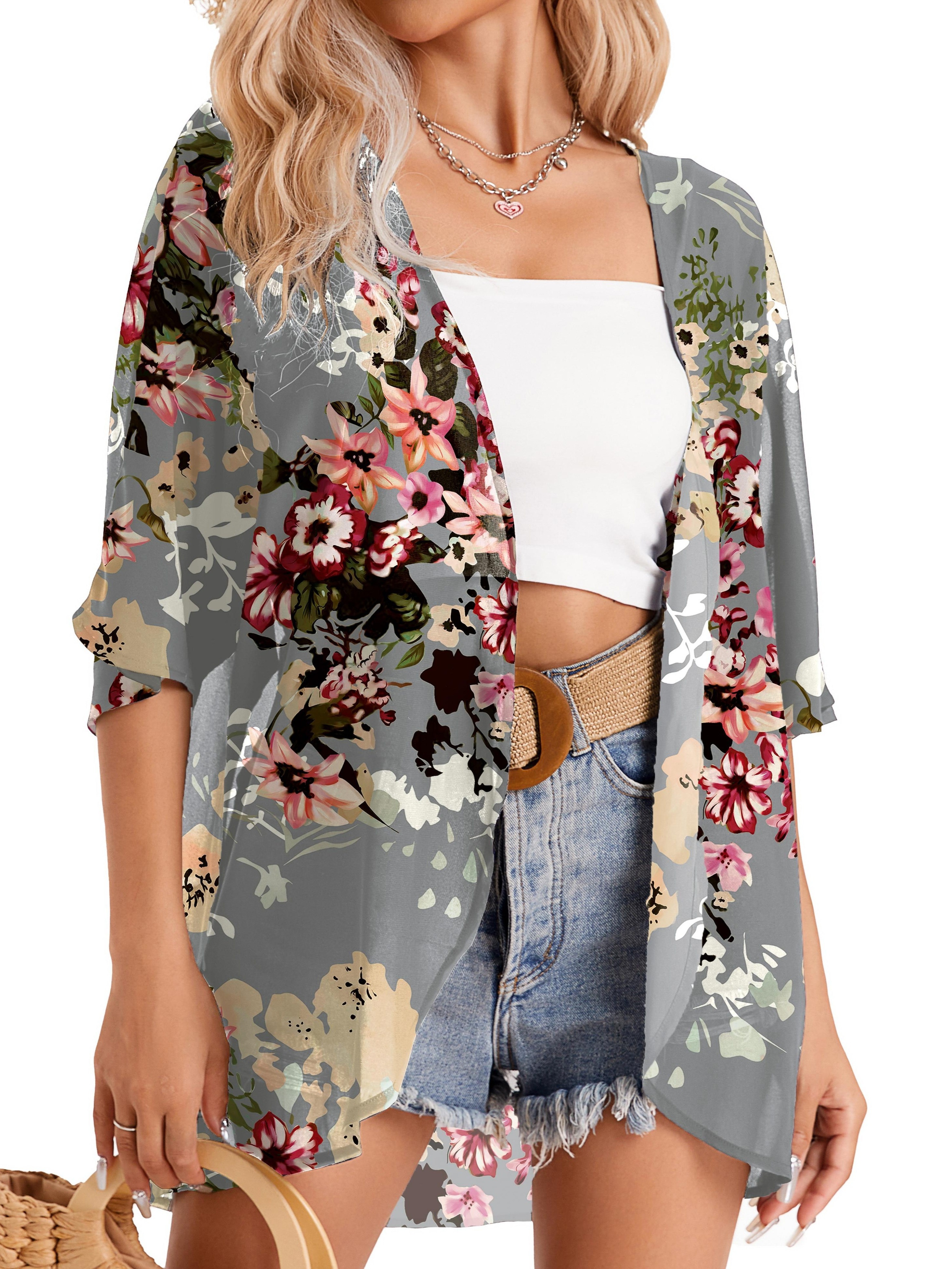 plus size floral print open front kimono casual 3 4 sleeve cover up kimono for spring summer womens plus size clothing details 2