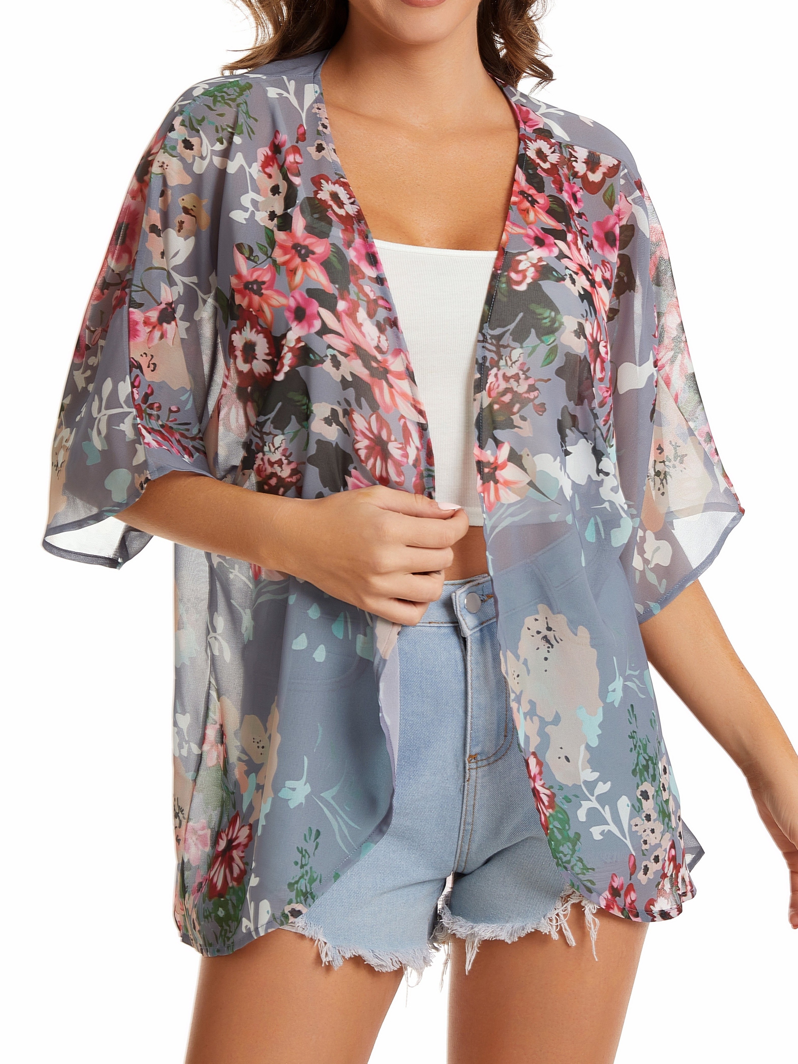 plus size floral print open front kimono casual 3 4 sleeve cover up kimono for spring summer womens plus size clothing details 4