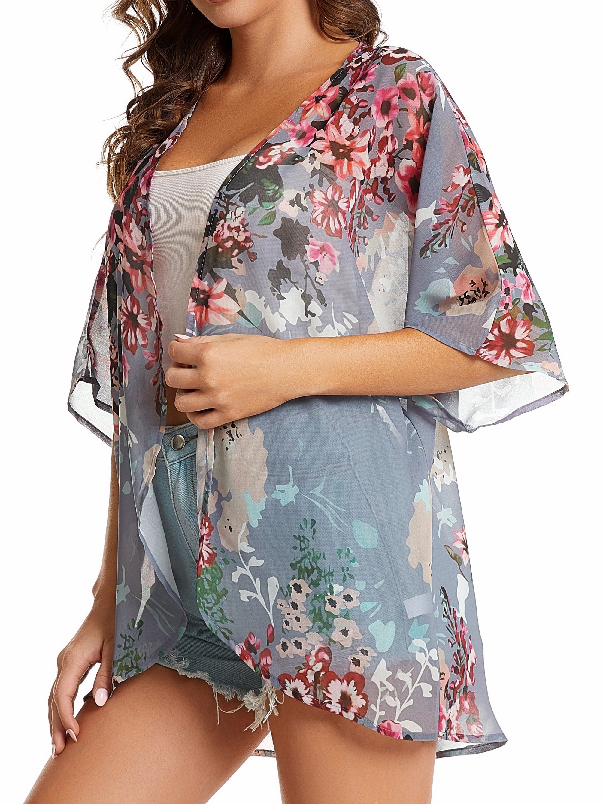 plus size floral print open front kimono casual 3 4 sleeve cover up kimono for spring summer womens plus size clothing details 8