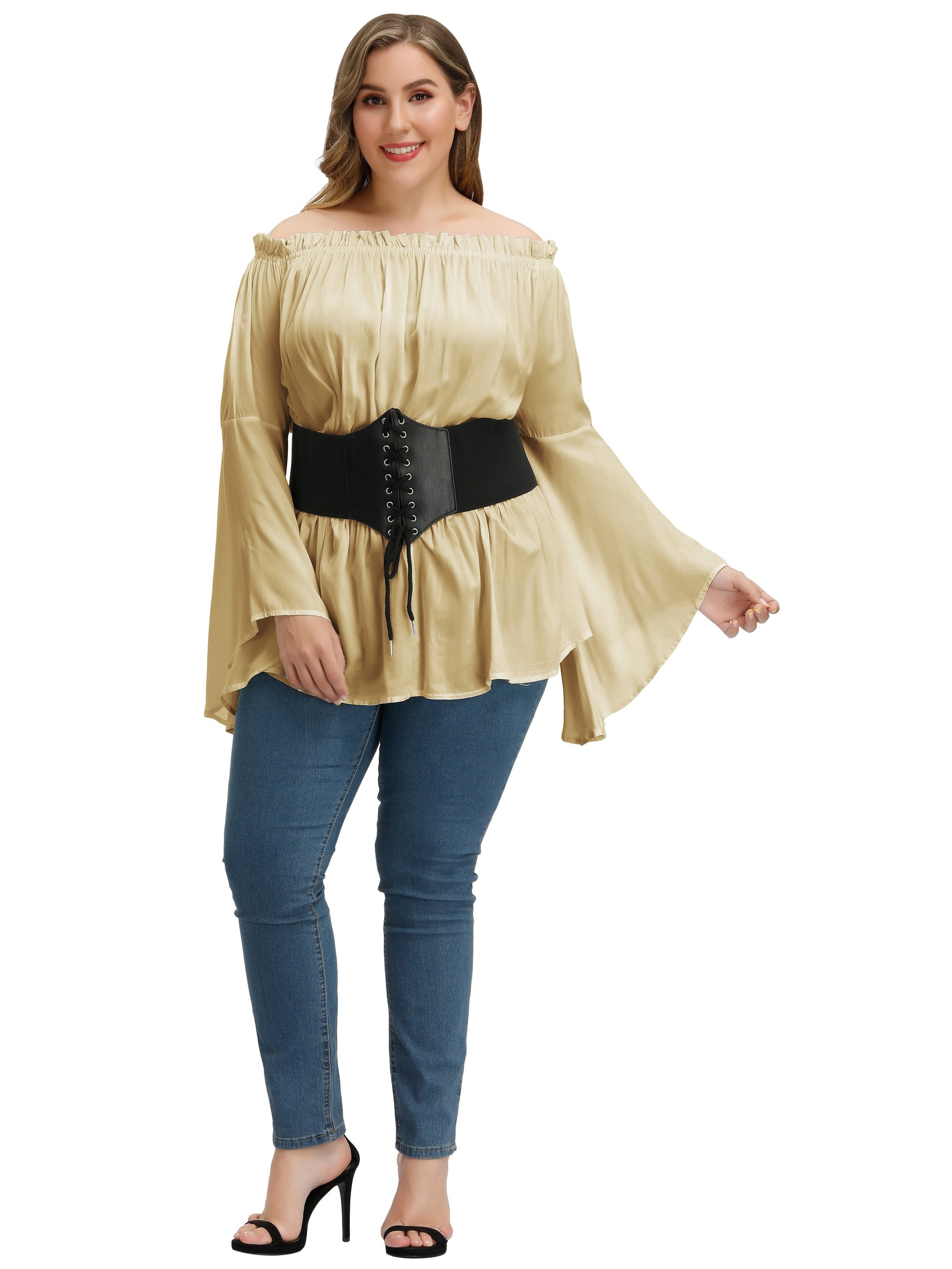 plus size solid off shoulder blouse casual shirred waist long sleeve blouse for spring fall womens plus size clothing details 0