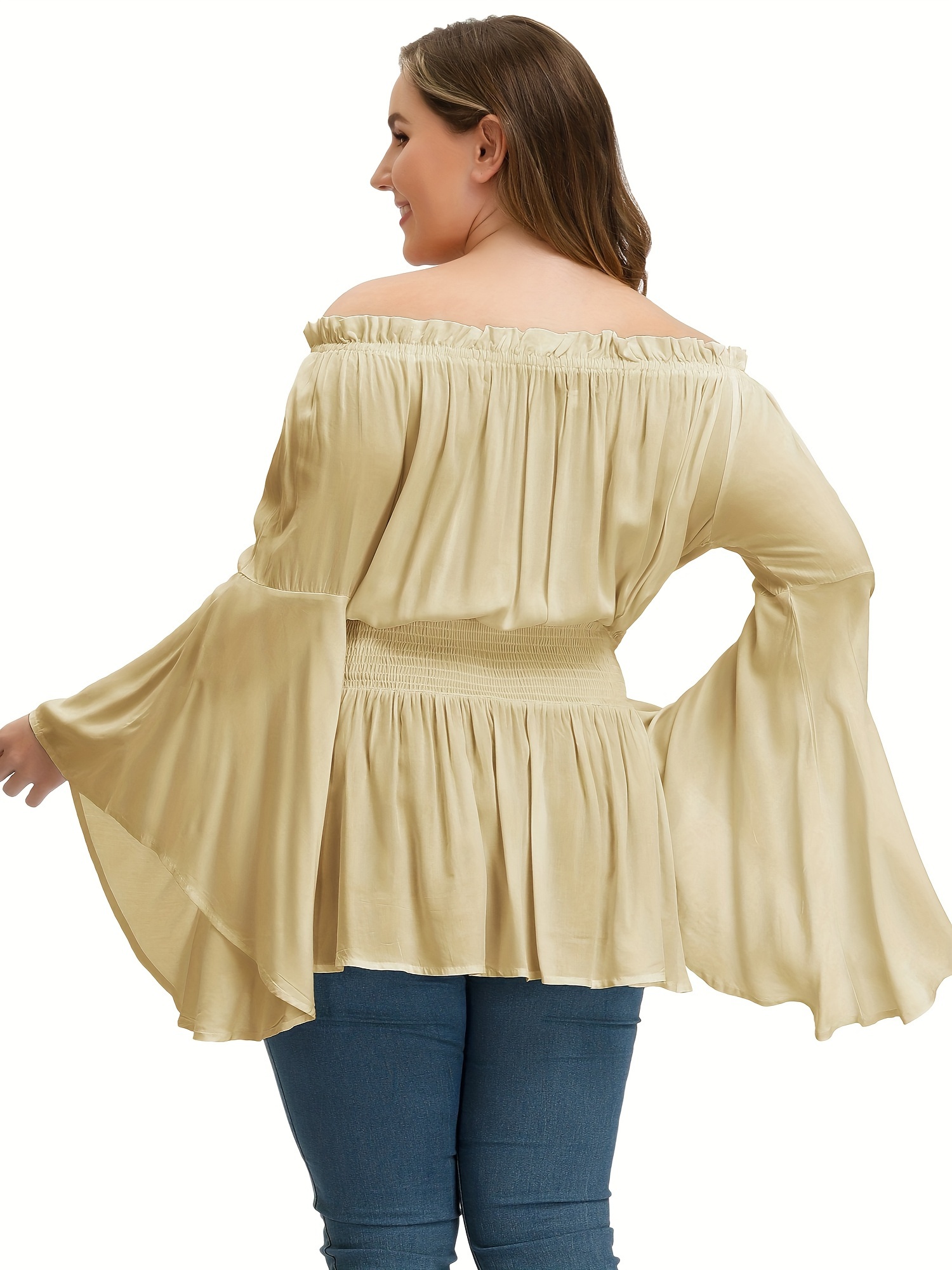 plus size solid off shoulder blouse casual shirred waist long sleeve blouse for spring fall womens plus size clothing details 4