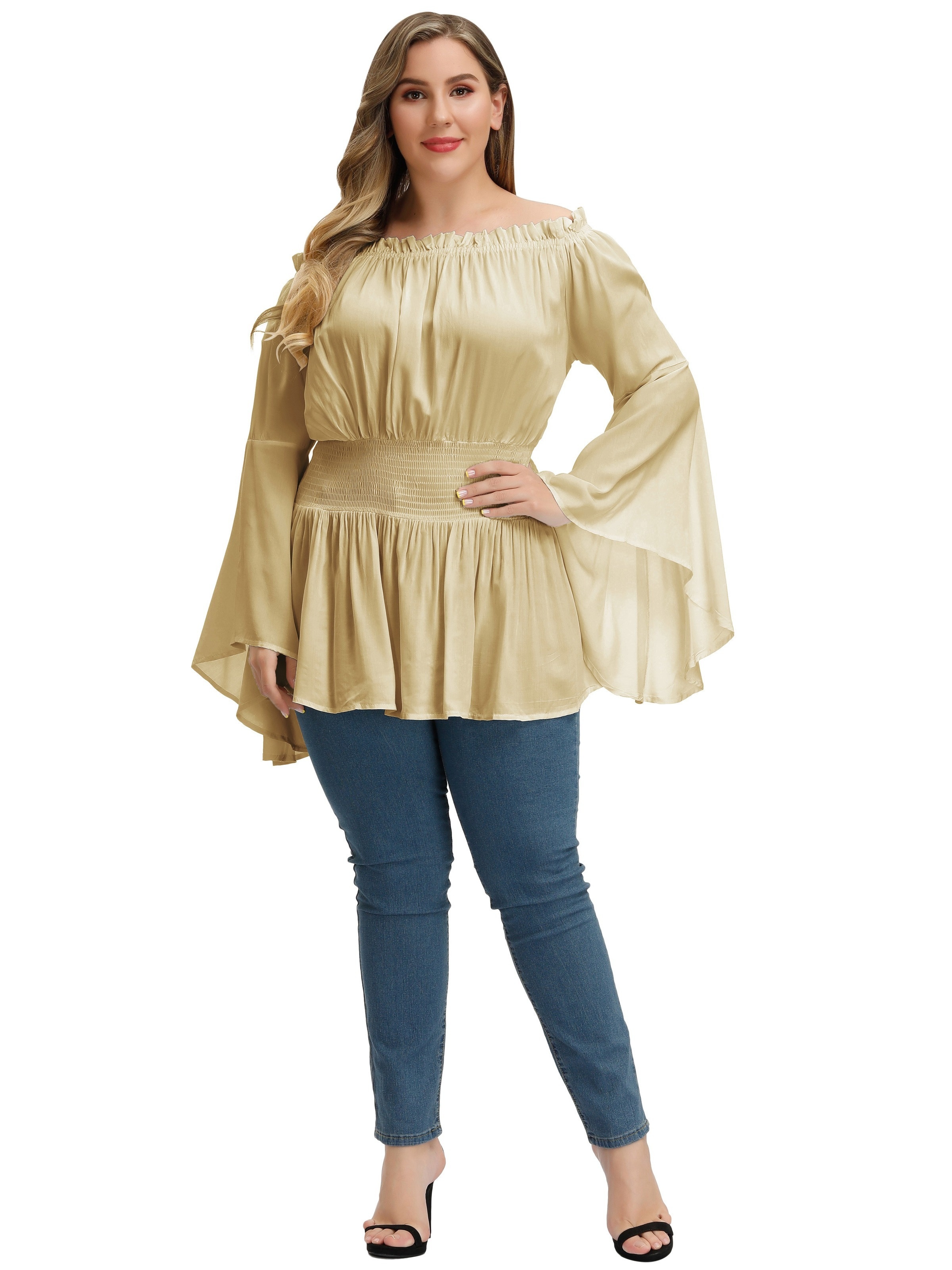 plus size solid off shoulder blouse casual shirred waist long sleeve blouse for spring fall womens plus size clothing details 5