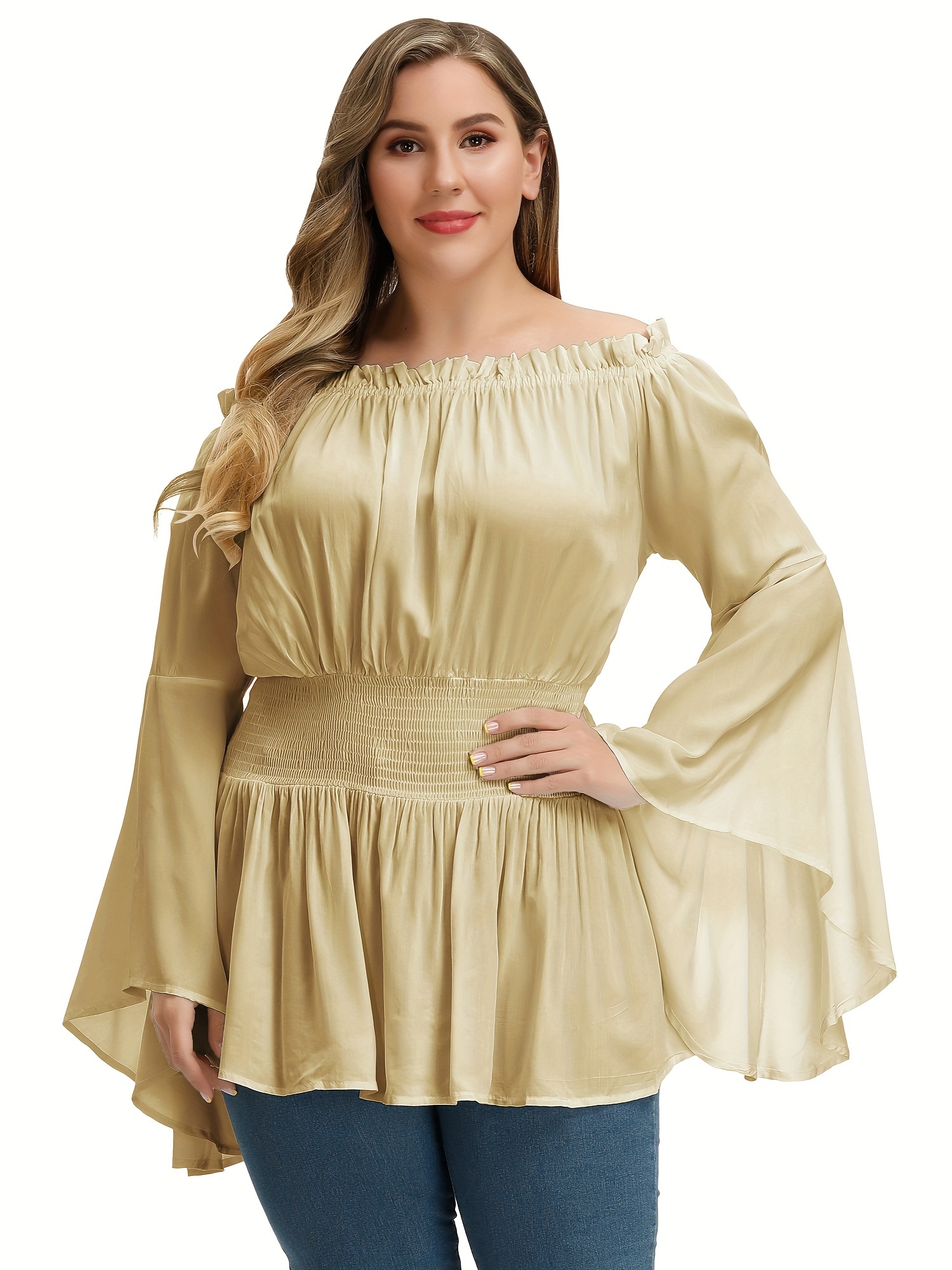 plus size solid off shoulder blouse casual shirred waist long sleeve blouse for spring fall womens plus size clothing details 6