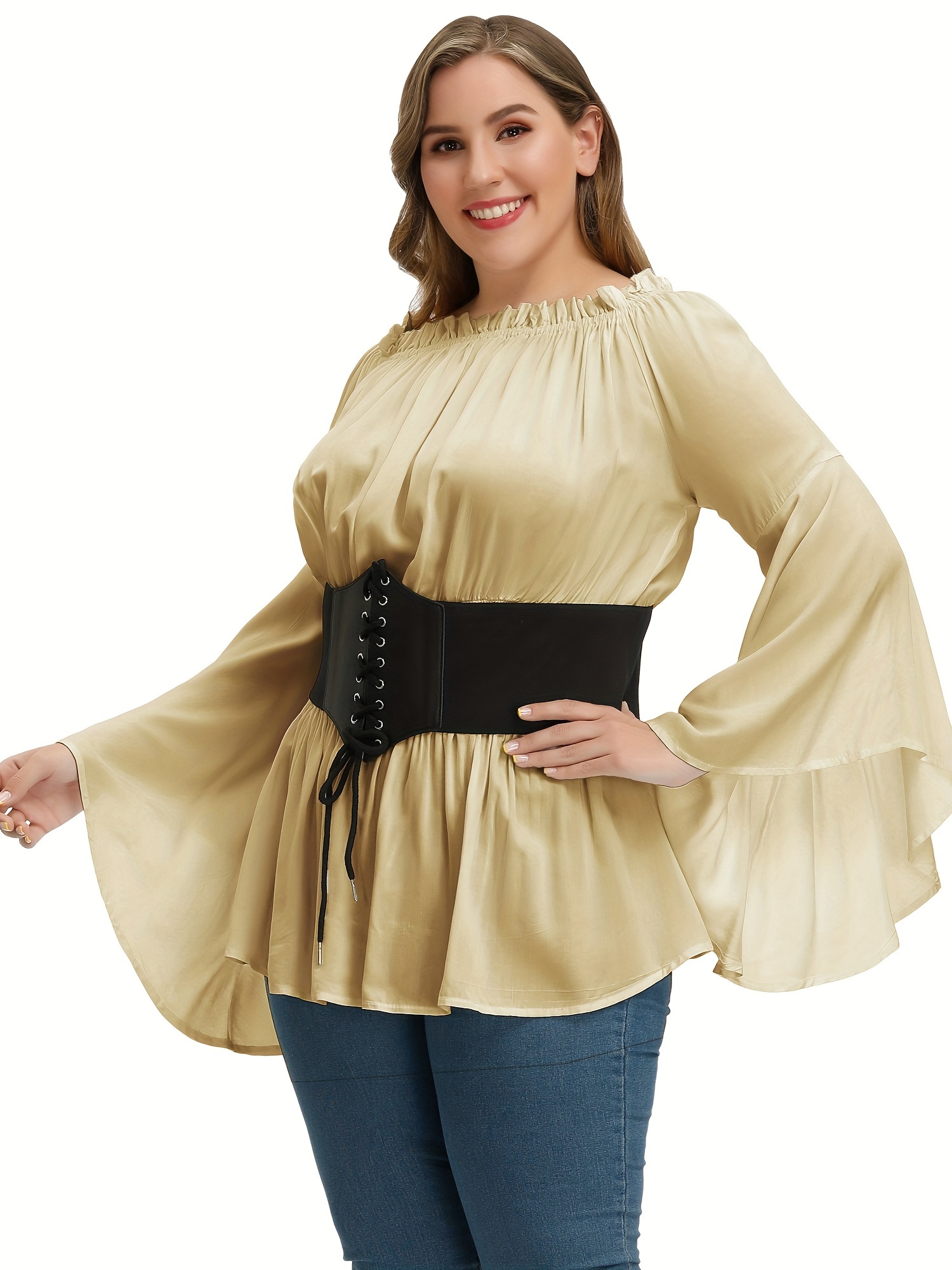 plus size solid off shoulder blouse casual shirred waist long sleeve blouse for spring fall womens plus size clothing details 7