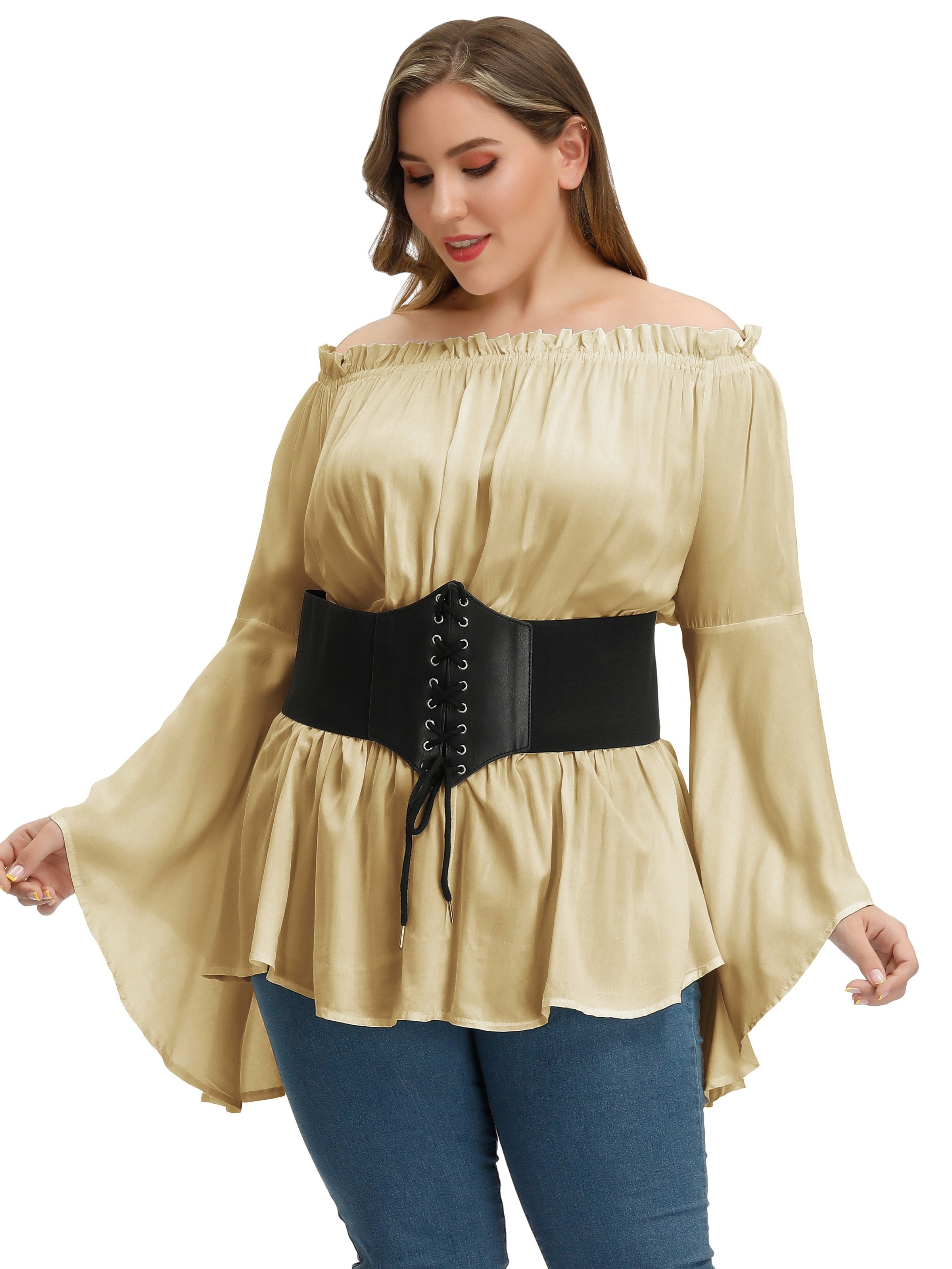 plus size solid off shoulder blouse casual shirred waist long sleeve blouse for spring fall womens plus size clothing details 9