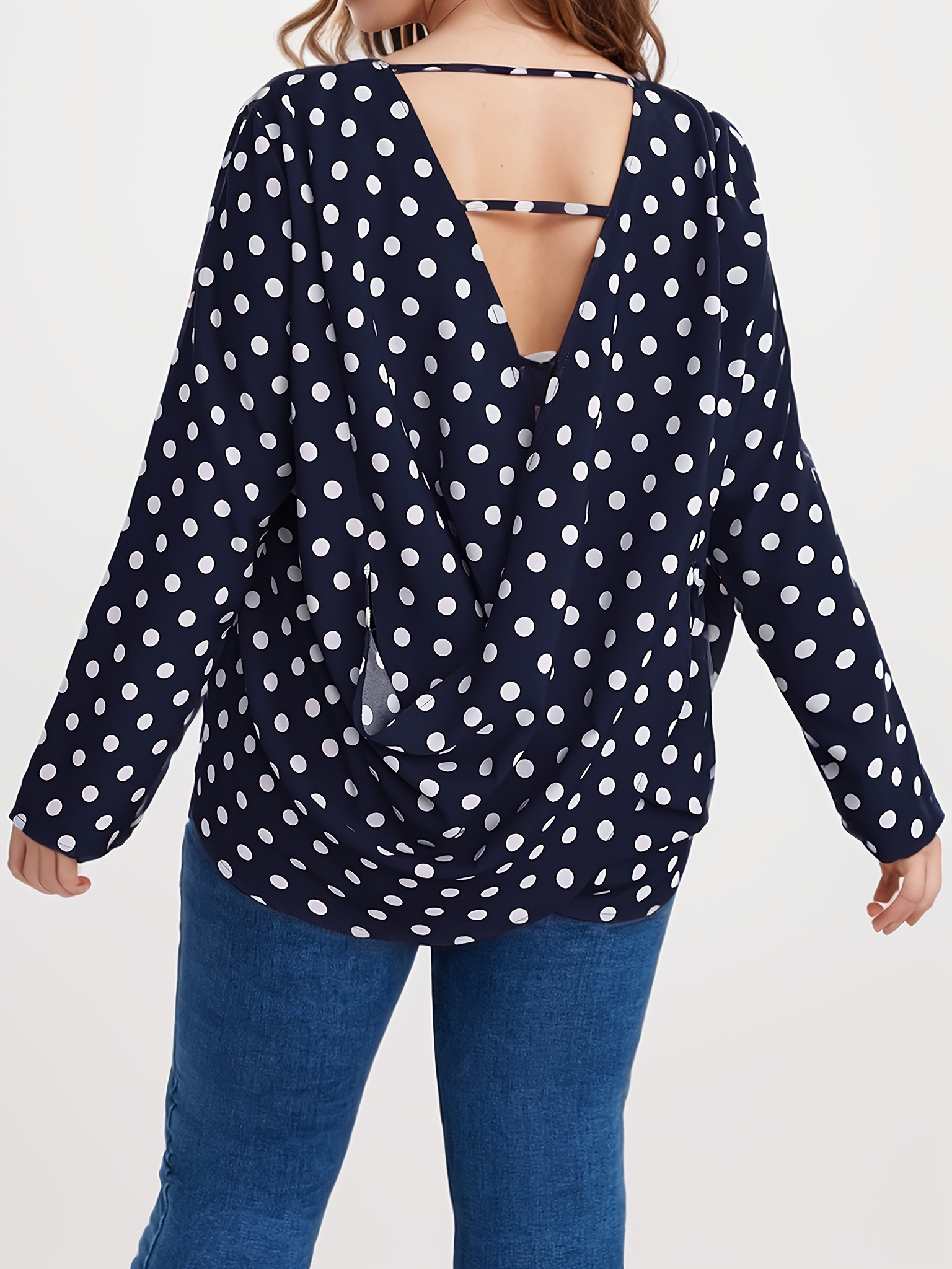 plus size polka dot print ruched back blouse casual long sleeve blouse for spring fall womens plus size clothing details 0