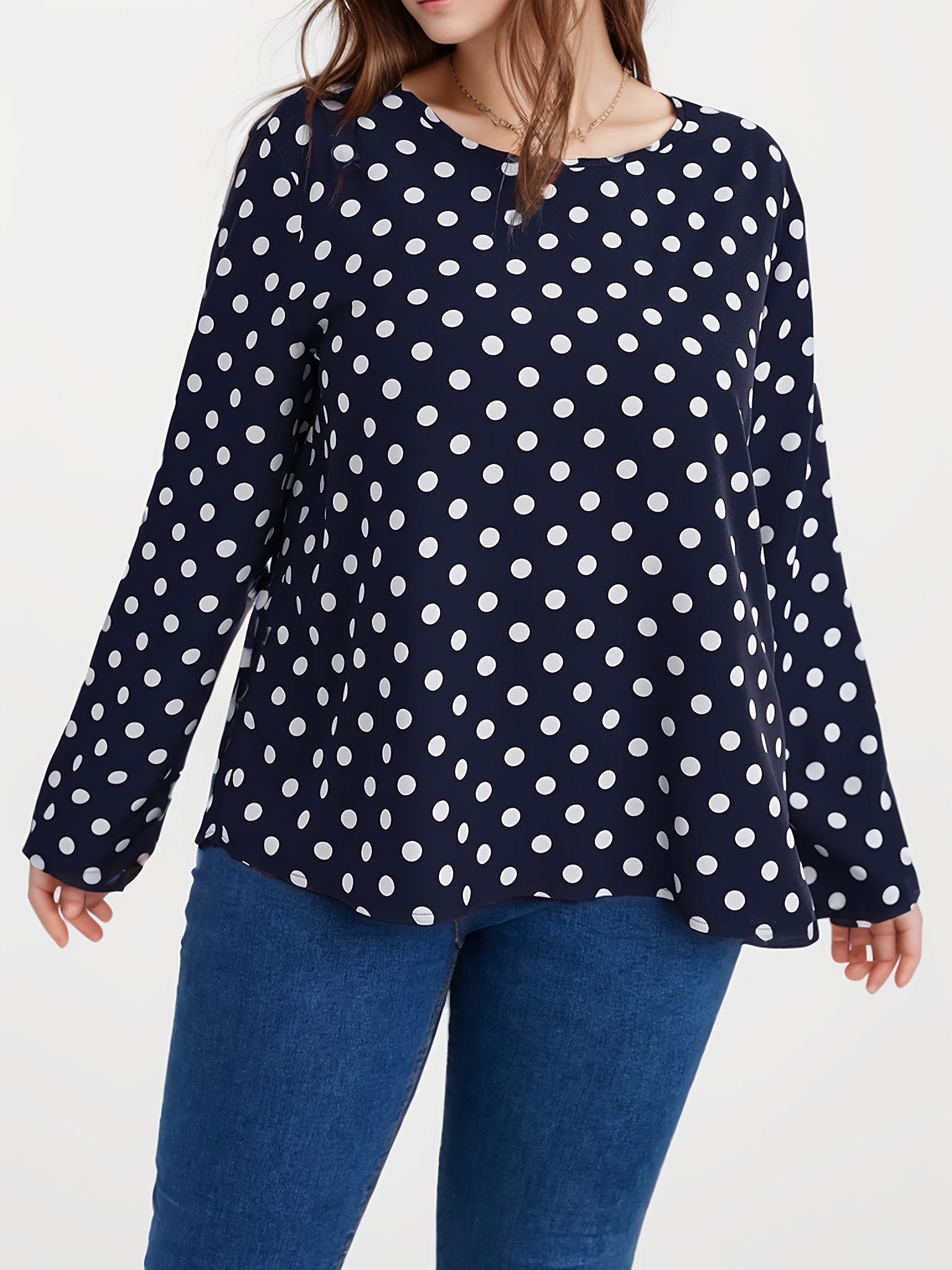 plus size polka dot print ruched back blouse casual long sleeve blouse for spring fall womens plus size clothing details 2