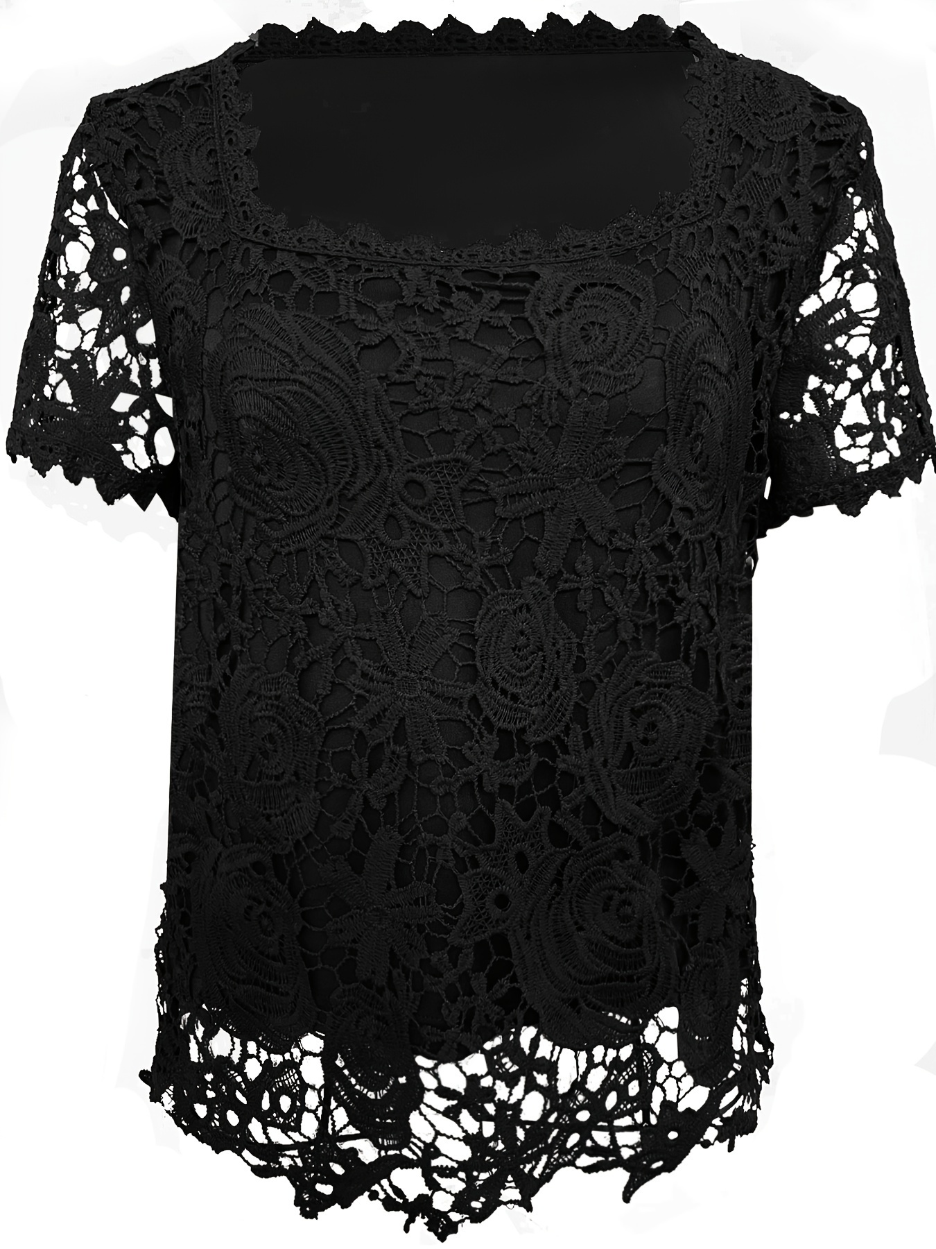 plus size floral lace stitching blouse elegant square neck short sleeve blouse for spring womens plus size clothing details 1