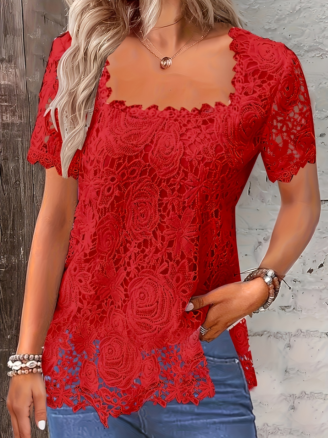 plus size floral lace stitching blouse elegant square neck short sleeve blouse for spring womens plus size clothing details 3