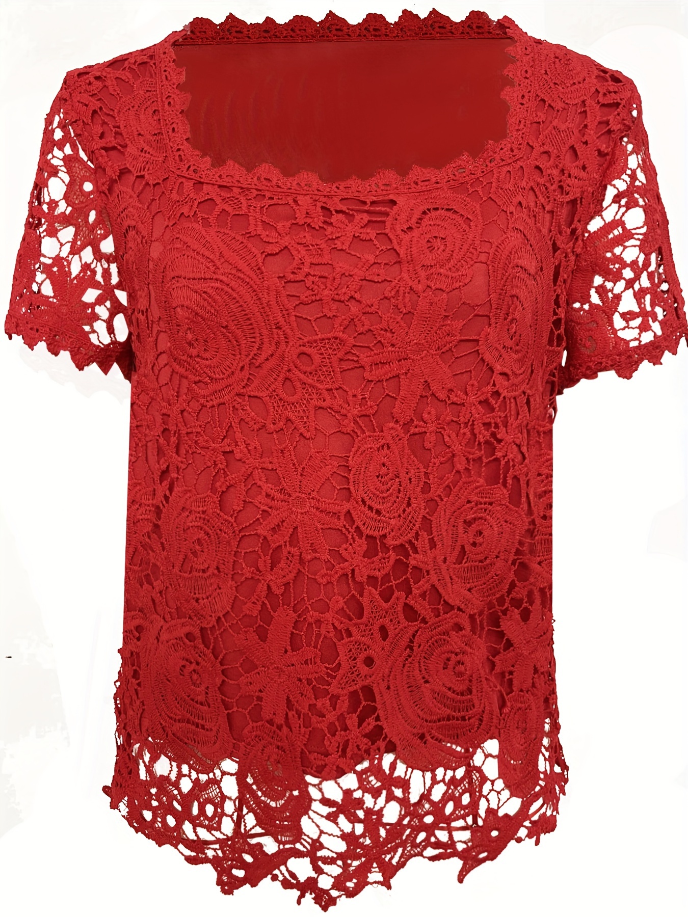 plus size floral lace stitching blouse elegant square neck short sleeve blouse for spring womens plus size clothing details 4