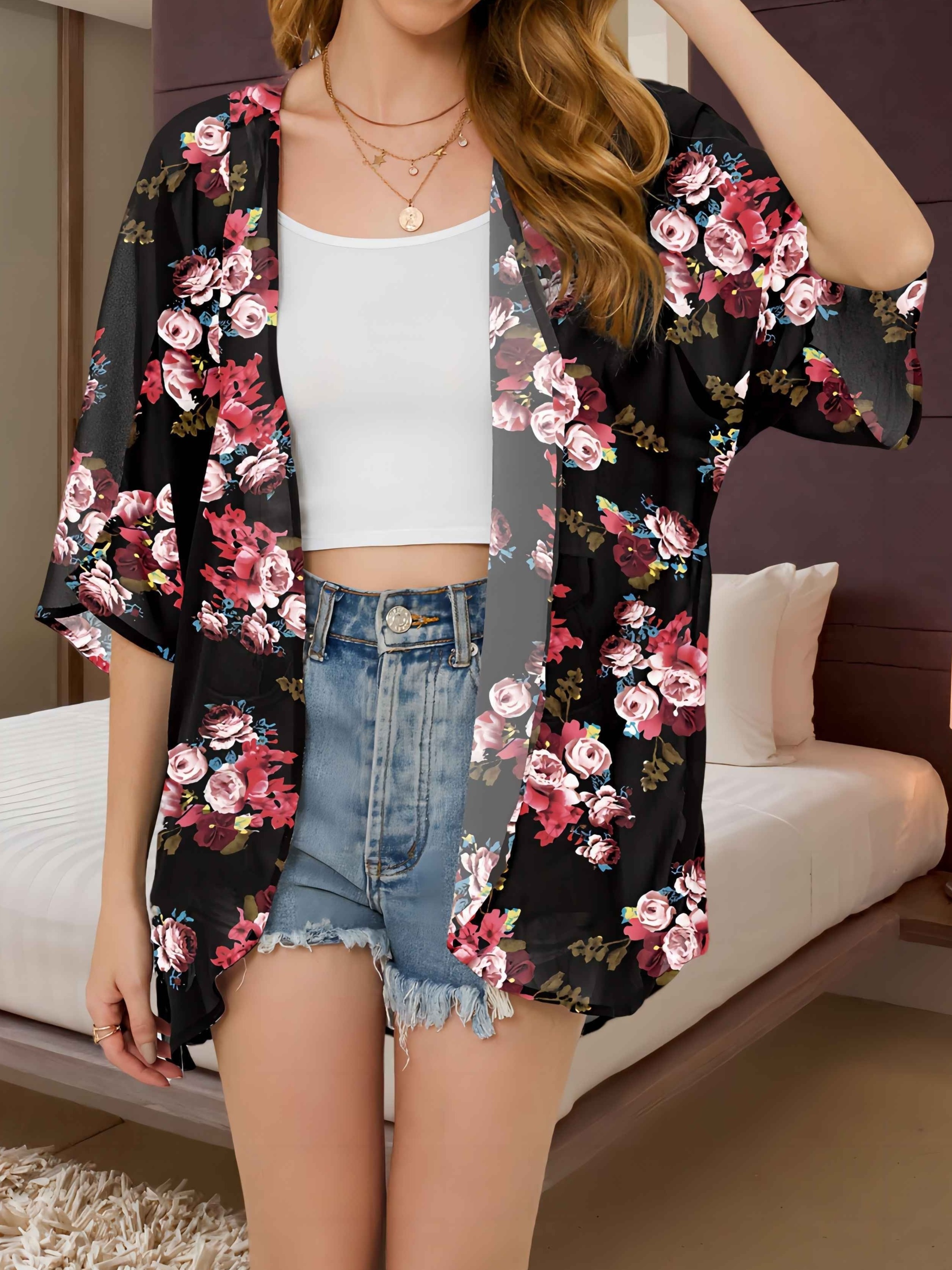 floral print sheer chiffon coverup casual half sleeve open front loose blouse womens clothing details 0